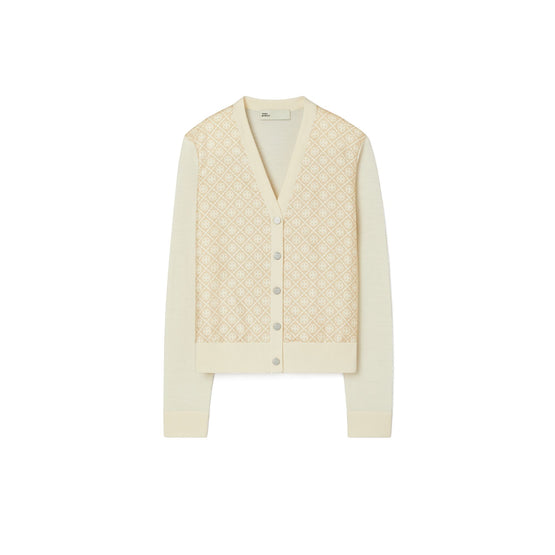 Women Cropped Silk Front Cardigan - French Cream / Gold T Monogram