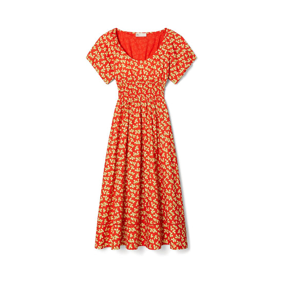 Women Print Scoop Neck Dress - Red Little Leaves
