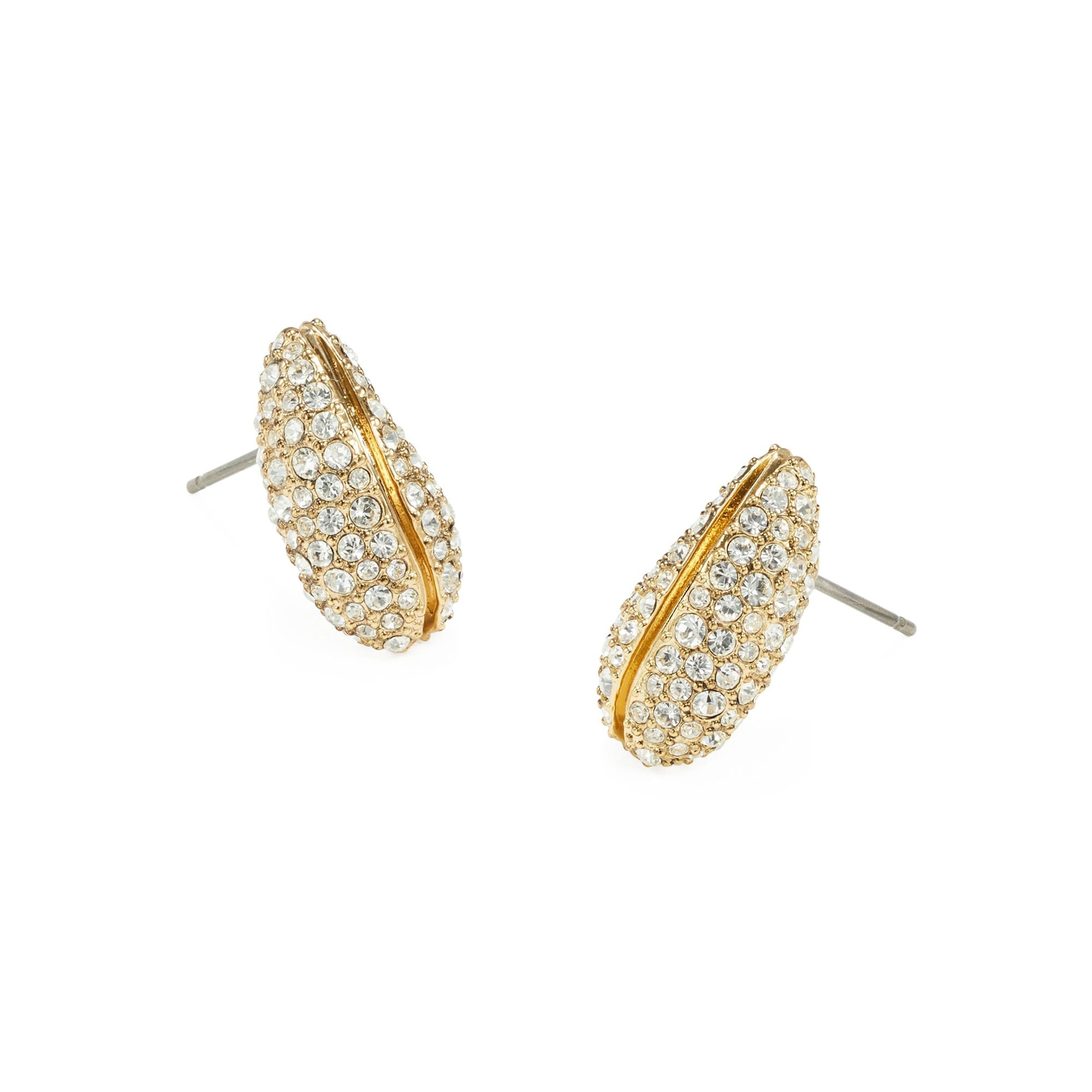 Women Small Pierced Pavé Earrings - Light Brass / Crystal