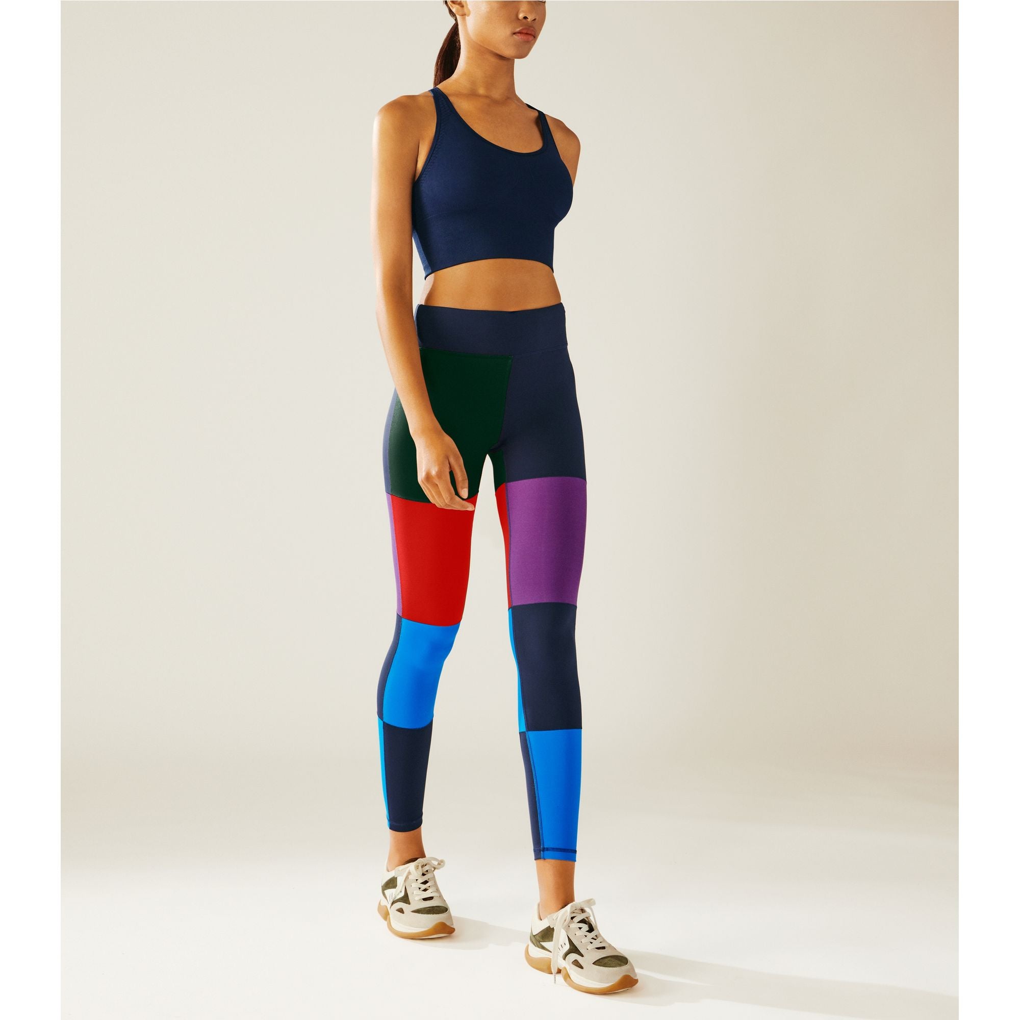 Women Blocked Full Length Leggings - Tory Navy Large Colorblock