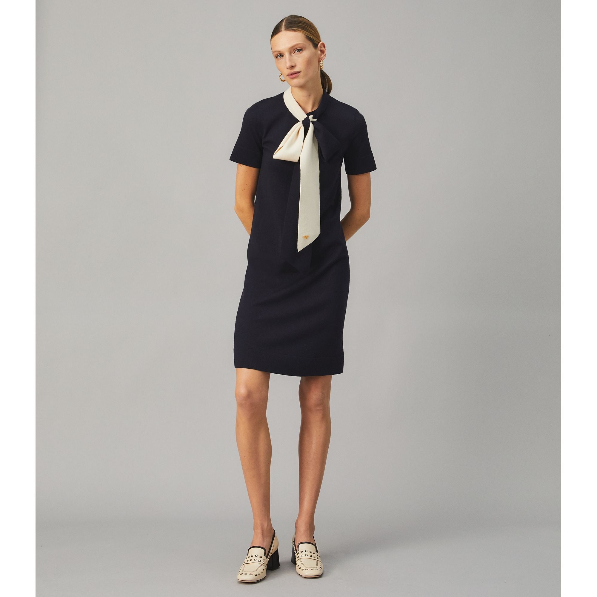 Women Short Sleeve Bow Sweater Dress - Medium Navy / New Ivory