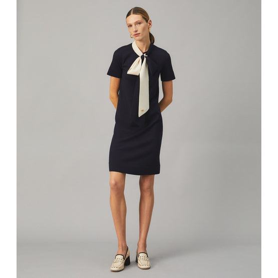 Women Short Sleeve Bow Sweater Dress - Medium Navy / New Ivory