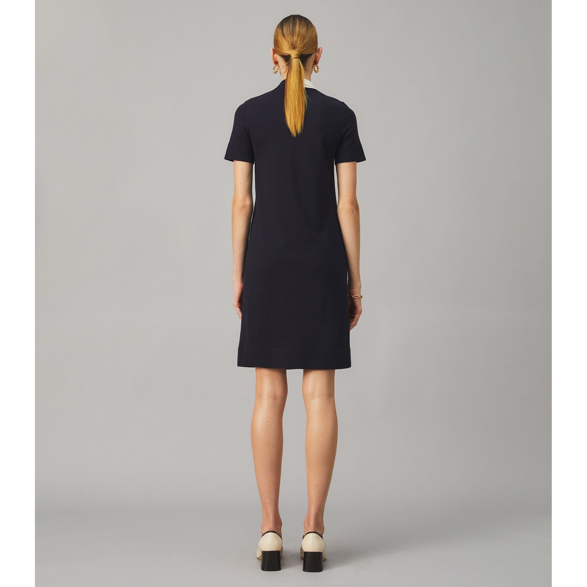 Women Short Sleeve Bow Sweater Dress - Medium Navy / New Ivory