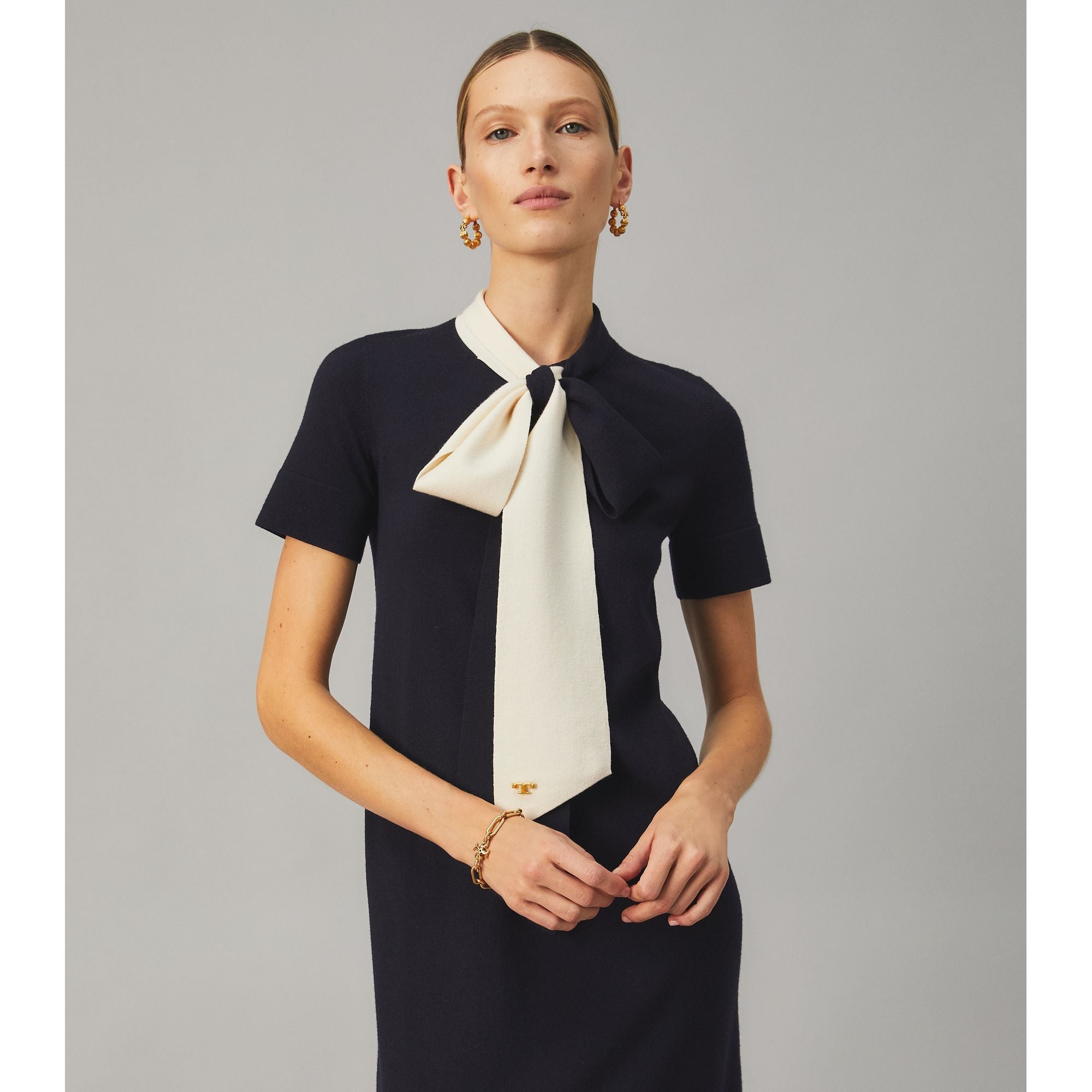 Women Short Sleeve Bow Sweater Dress - Medium Navy / New Ivory