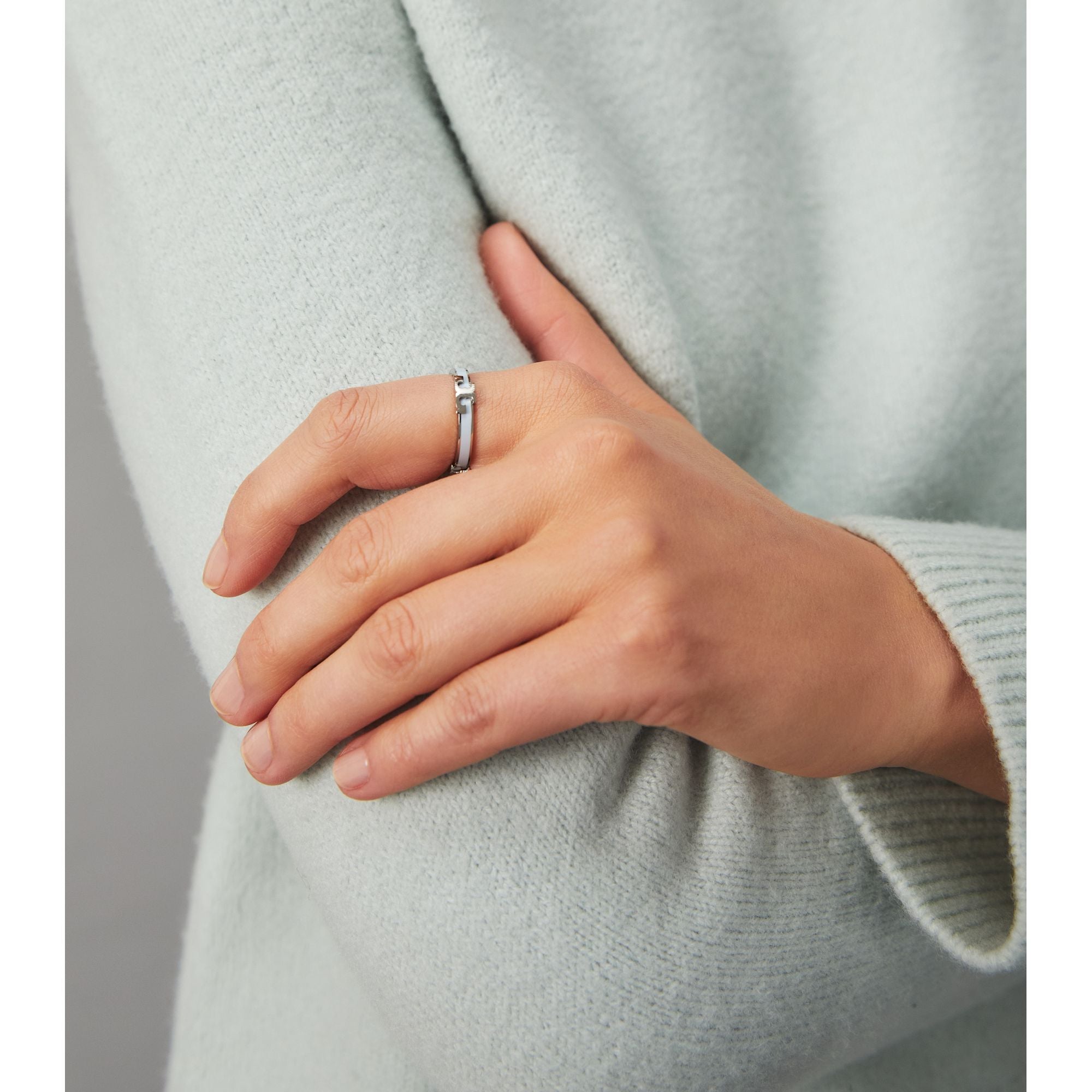Women Serif-T Enamel Stackable Ring - Tory Silver / Crisp Blue