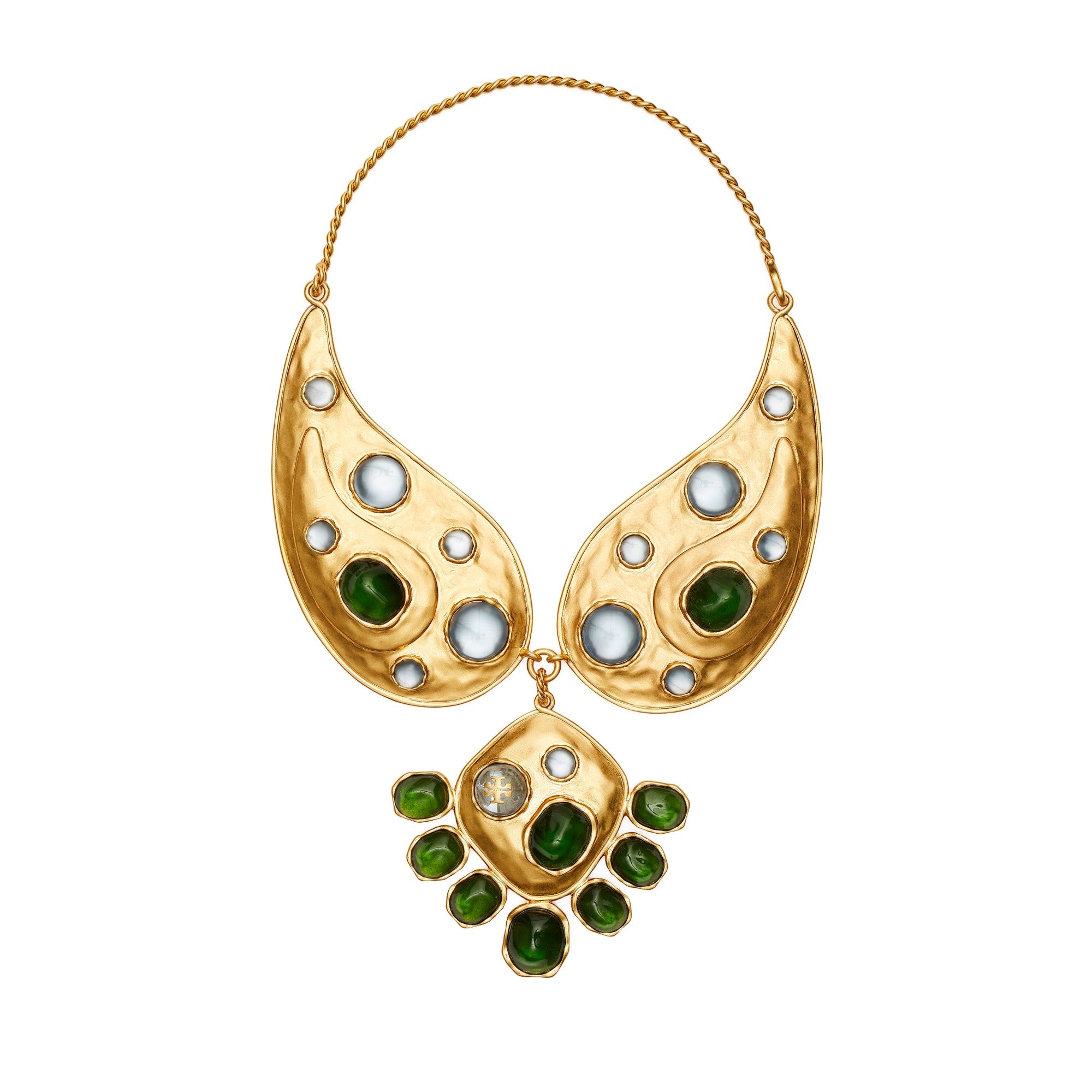 Women Bandana Paisley Statement Necklace - Rolled Brass / Green / Blue