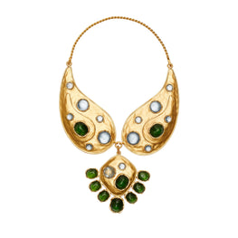 Women Bandana Paisley Statement Necklace - Rolled Brass / Green / Blue