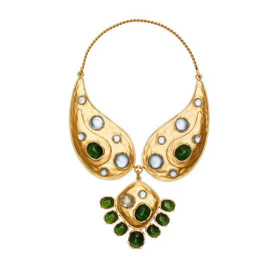 Women Bandana Paisley Statement Necklace - Rolled Brass / Green / Blue