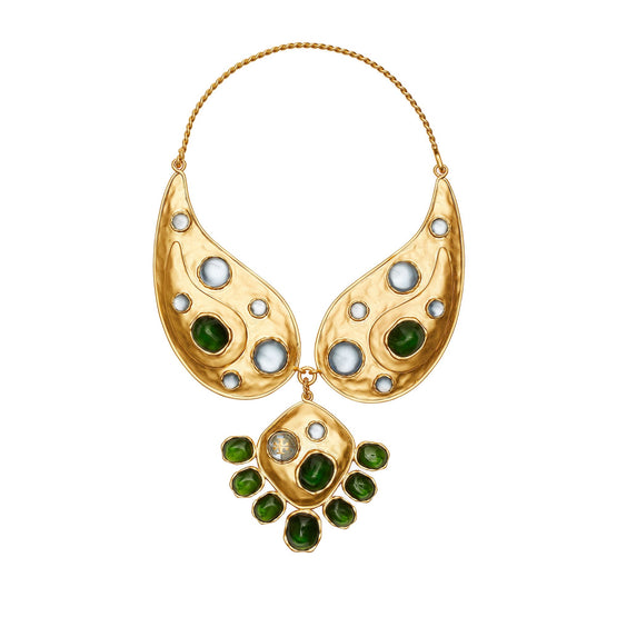 Women Bandana Paisley Statement Necklace - Rolled Brass / Green / Blue