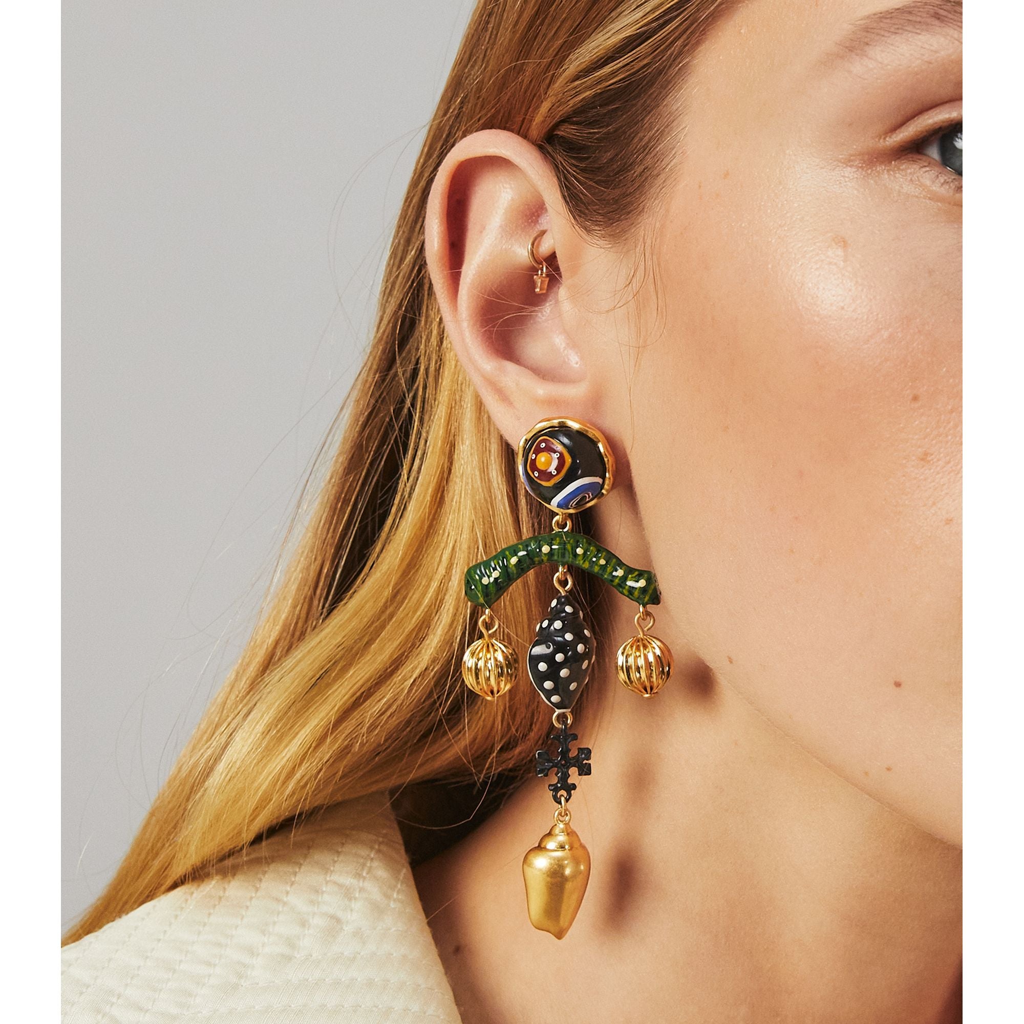 Women Charm Statement Earring - Rolled Brass / Multi