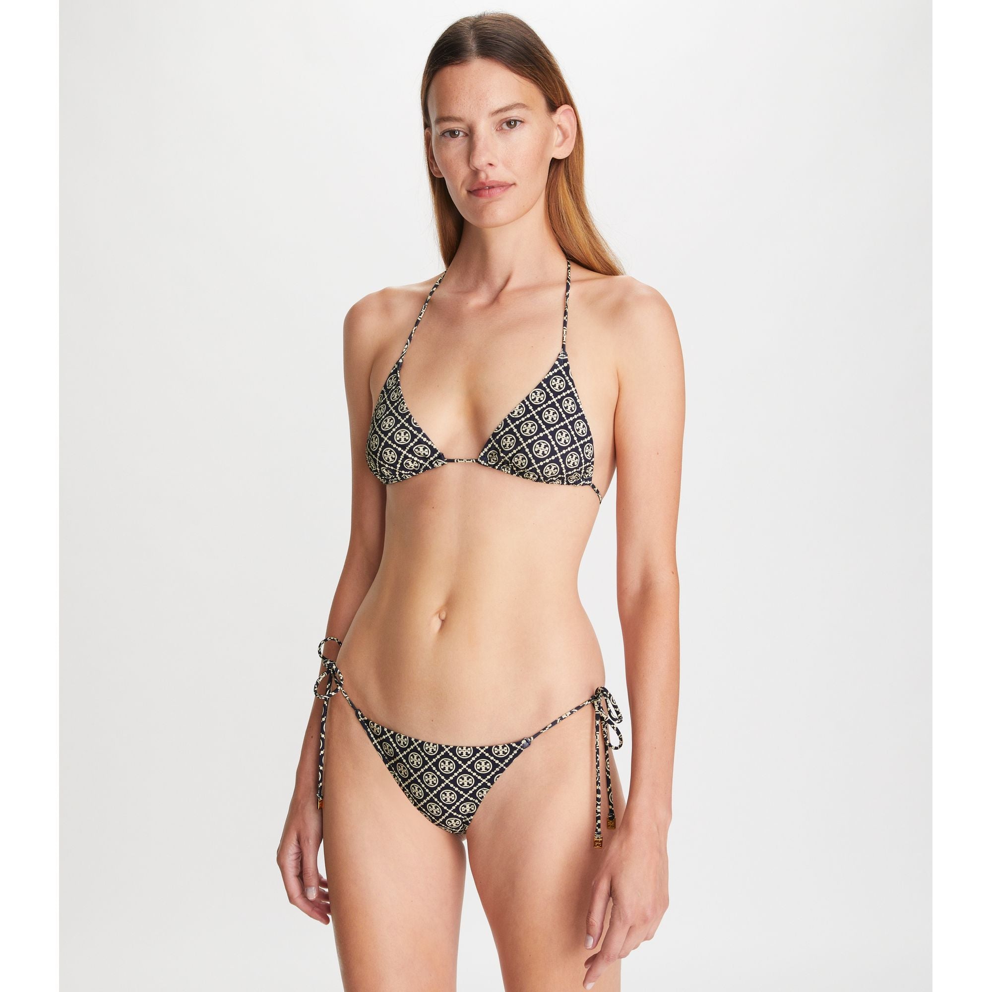 Women Printed String Bikini Bottom - T Monogram Tory Navy / Sesame