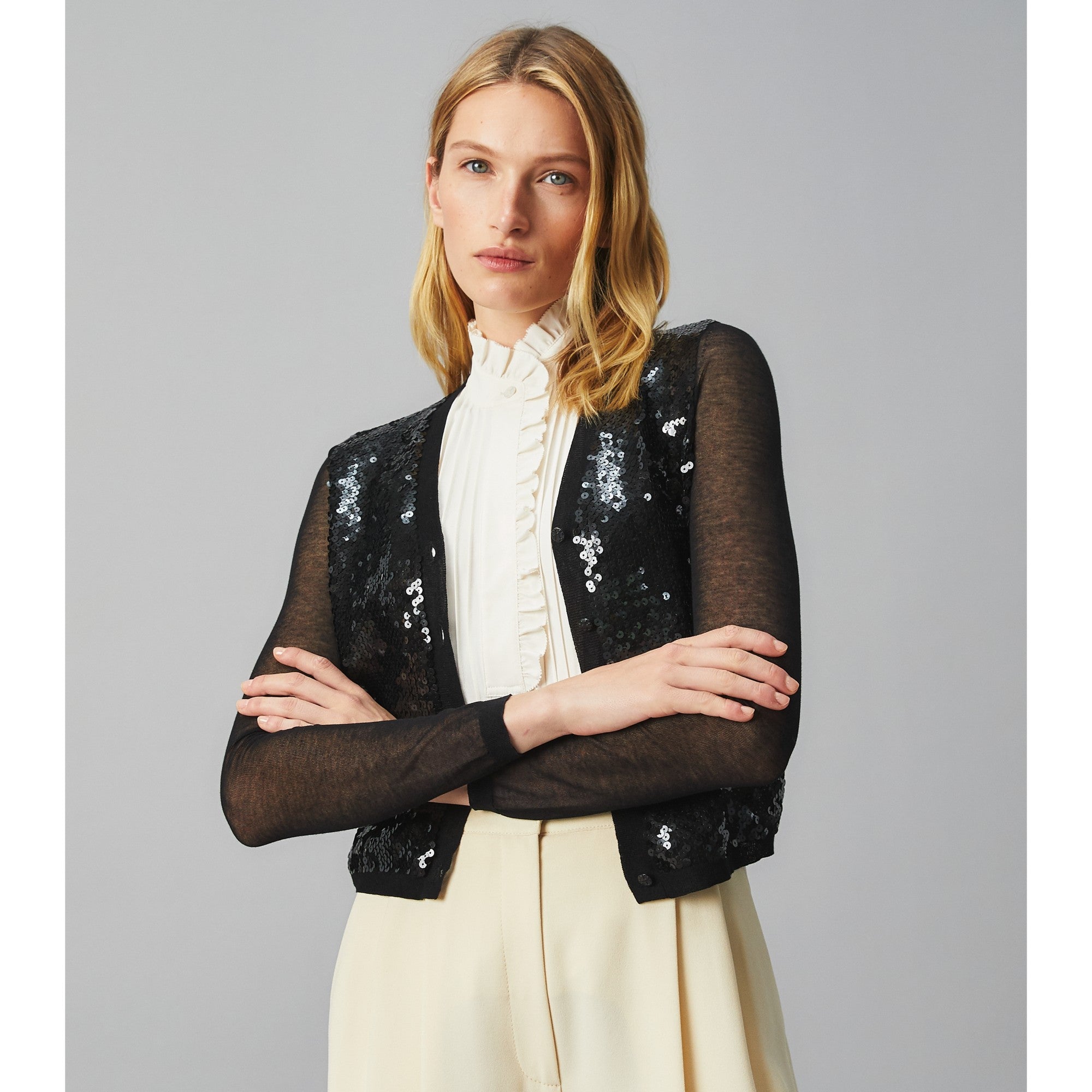 Women Sequin-Front Cardigan - Black
