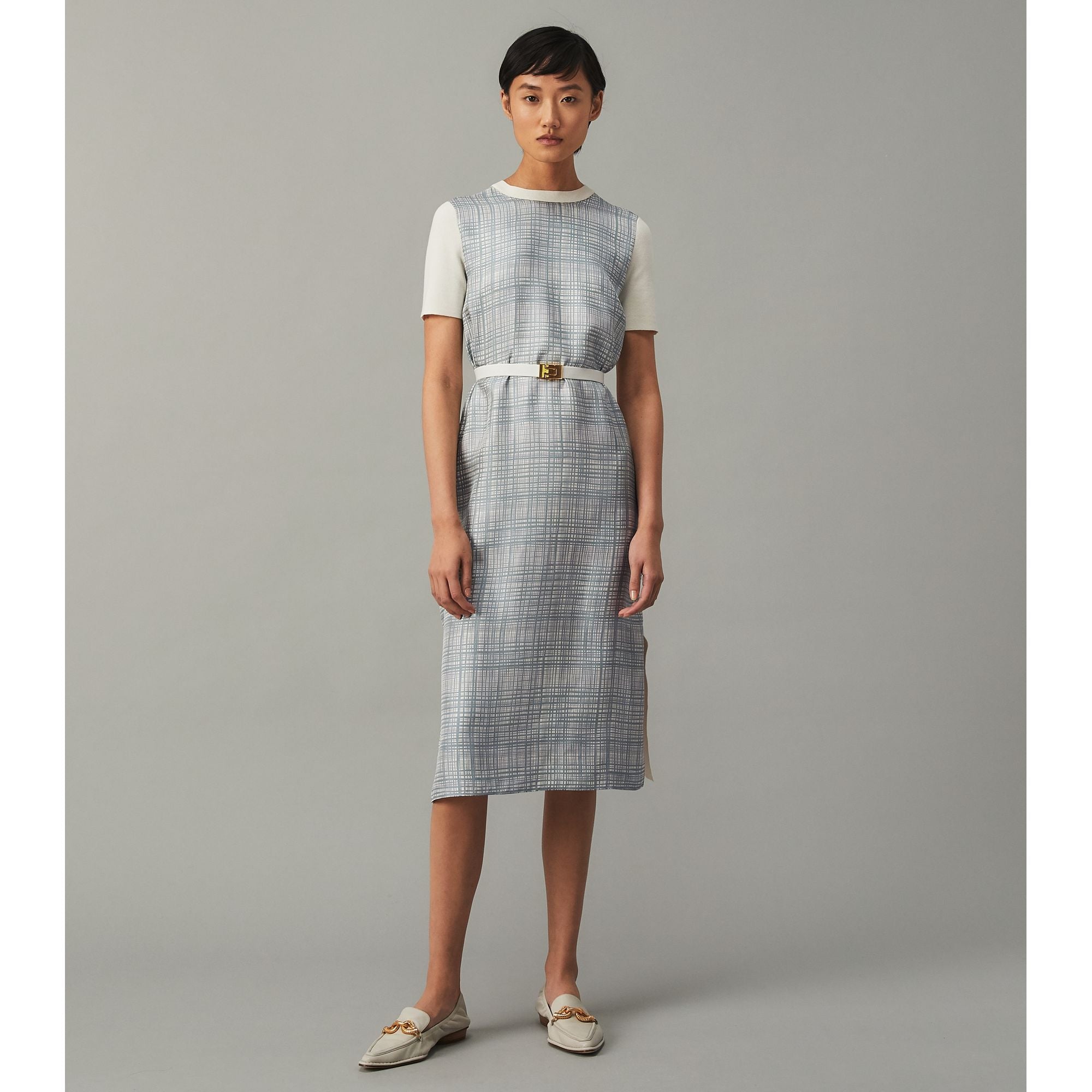 Women Greer Dress - New Ivory/Dusted Blue Crosshatch