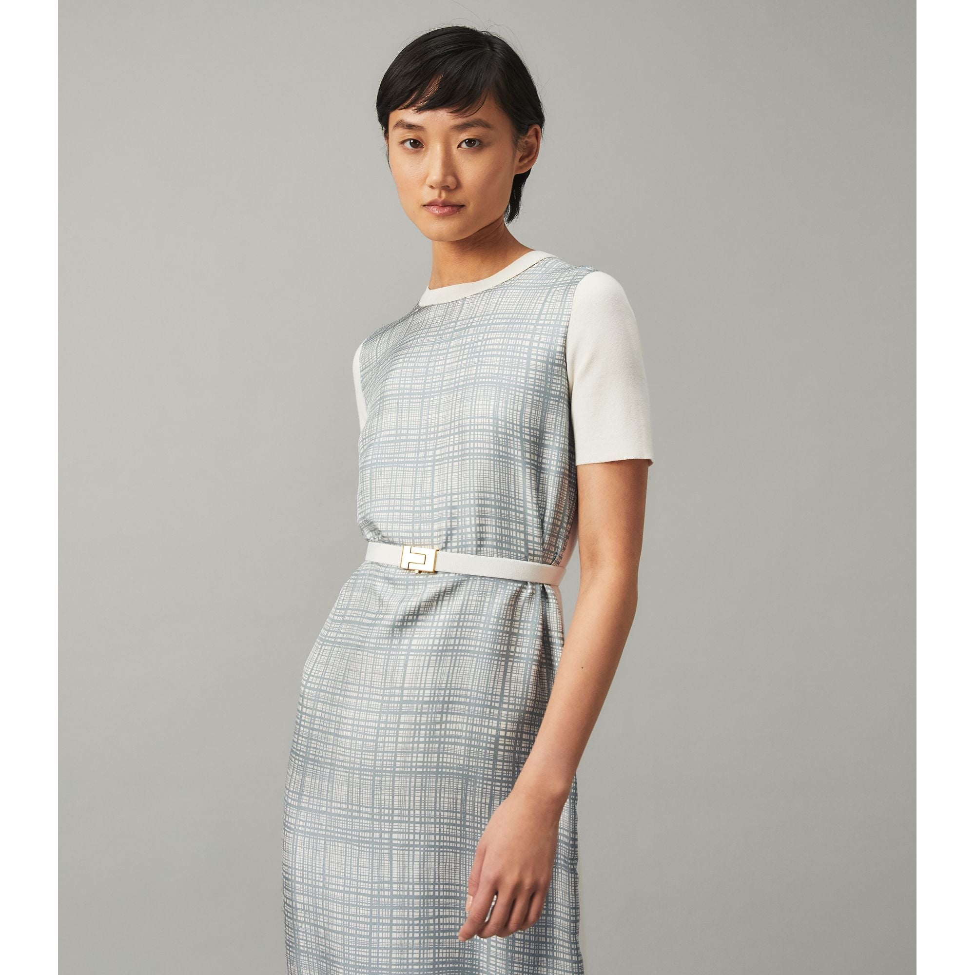 Women Greer Dress - New Ivory/Dusted Blue Crosshatch