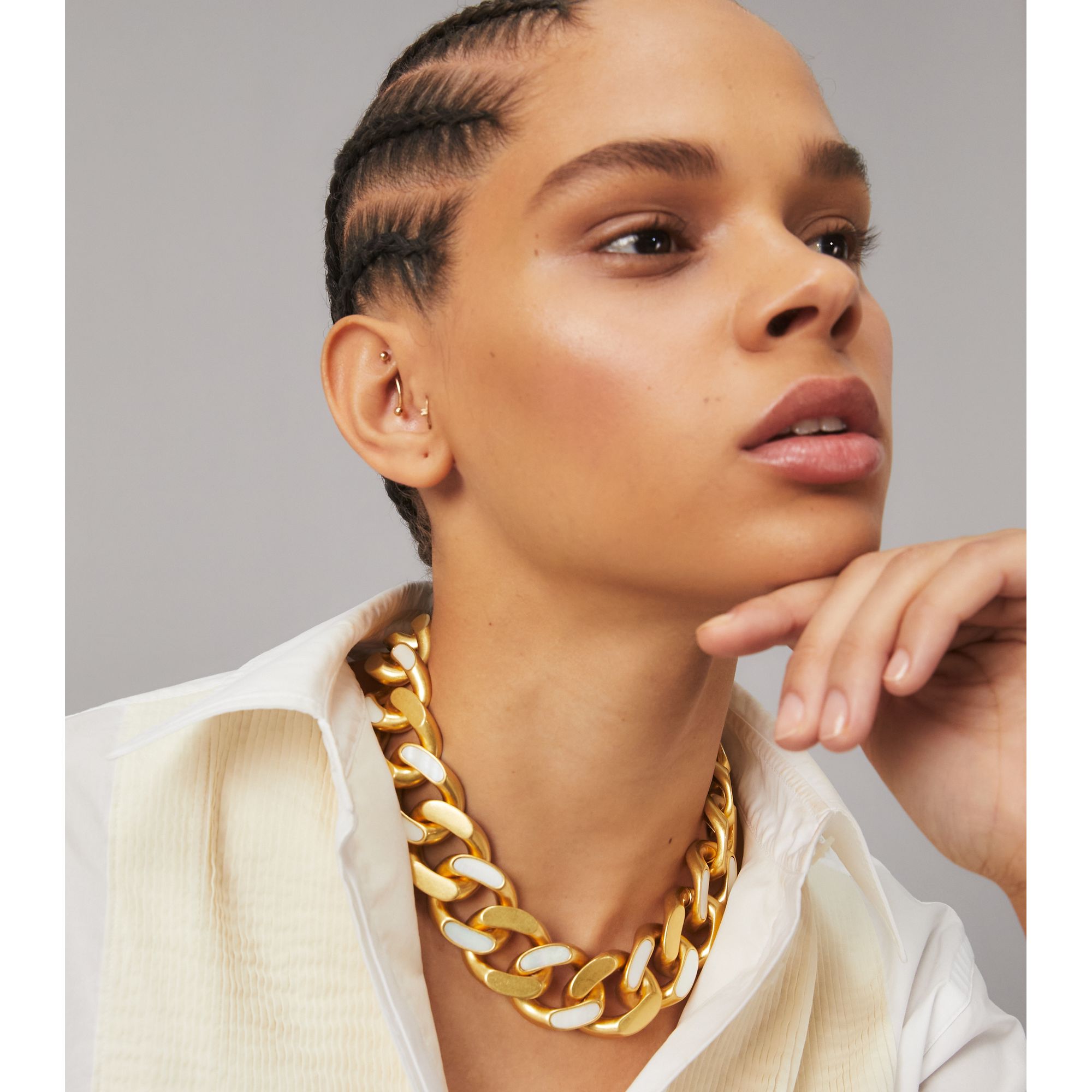 Women Roxanne Inlay Statement Necklace - Rolled Brass / Mother Of Pearl