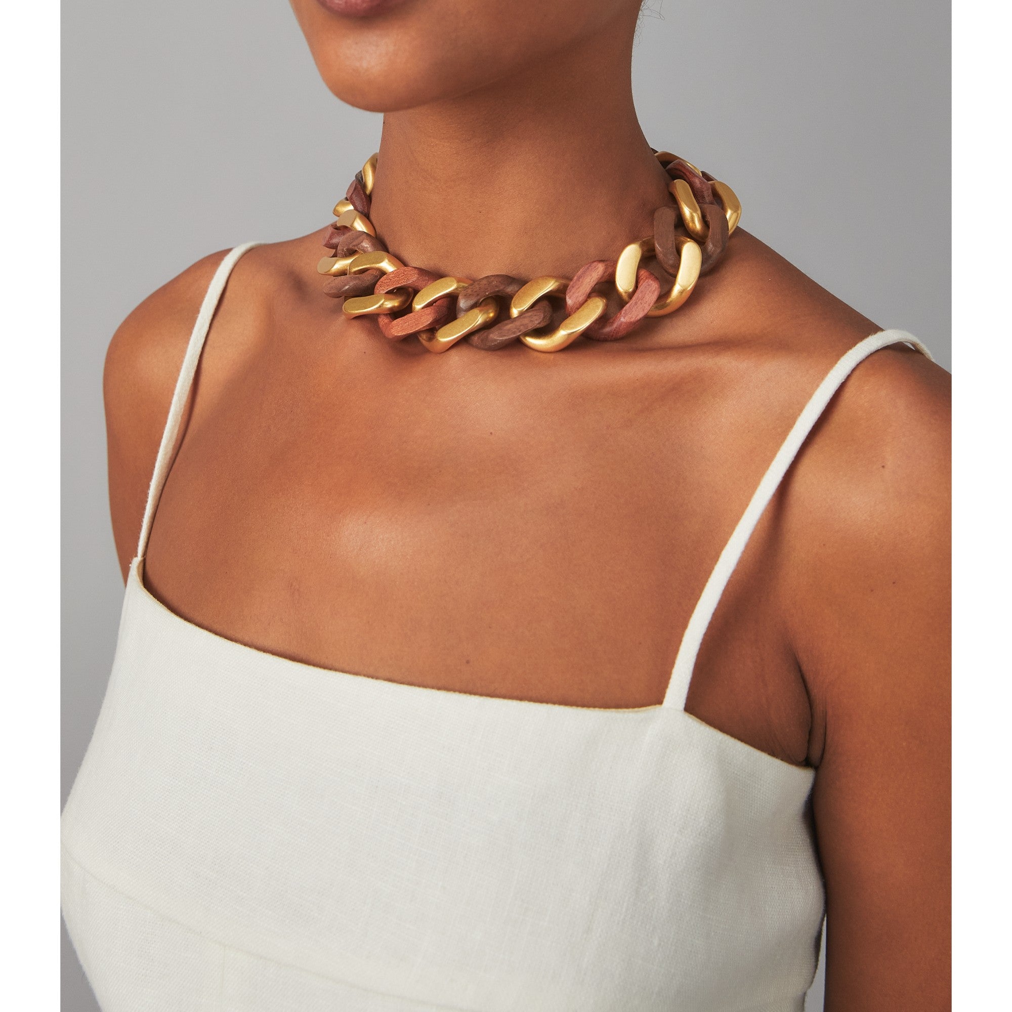 Women Roxanne Wood Statement Necklace - Rolled Brass / Wood