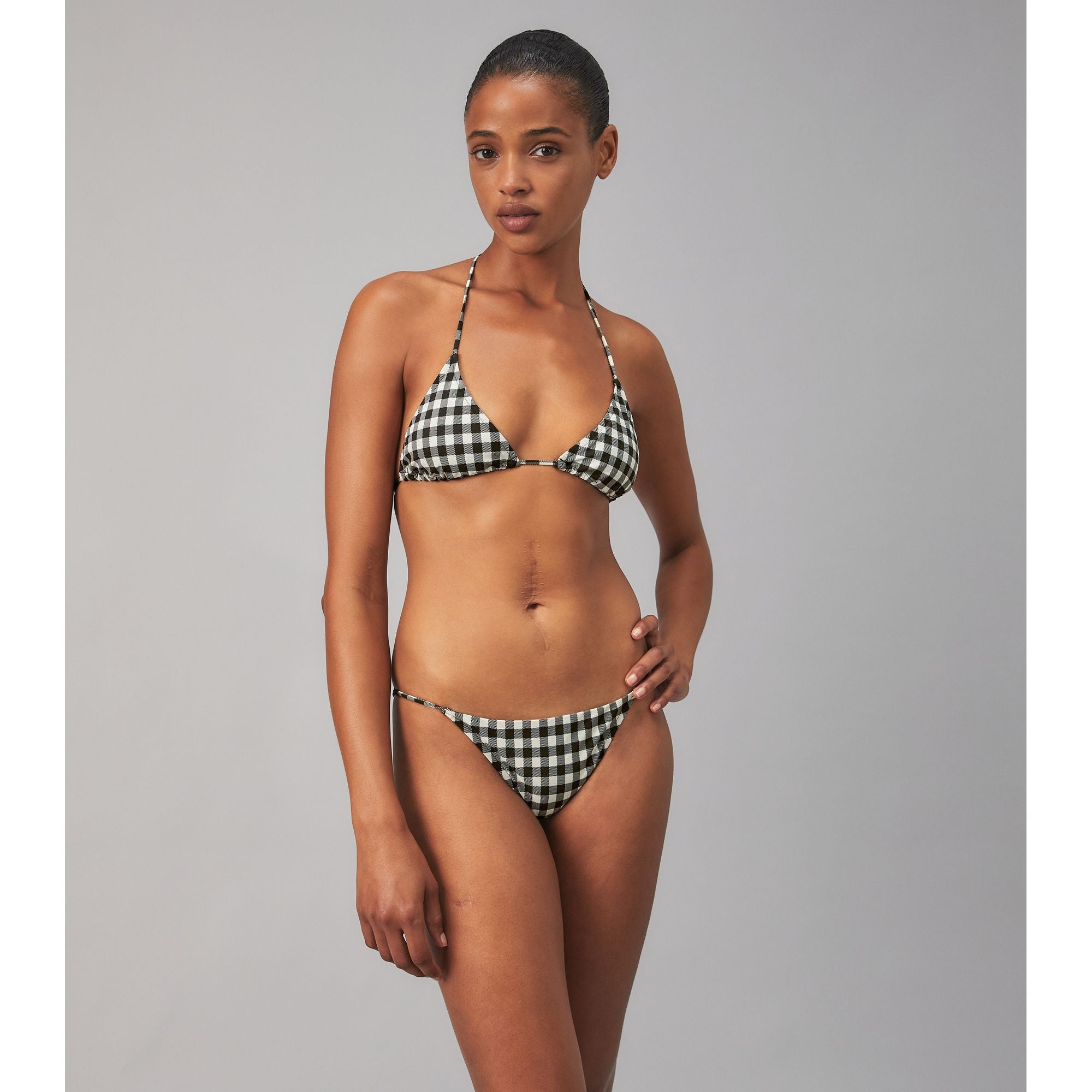 Women Printed String Bikini Top - Black / New Ivory Gingham