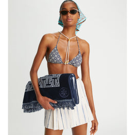 Women Printed String Bikini Top - T Monogram Tory Navy / Sesame