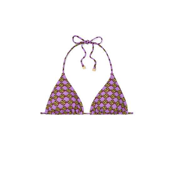Women Printed String Bikini Top - 3D Checkered Logo Lilac