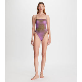 Women Printed Tie-Back One-Piece - 3D Checkered Logo Lilac