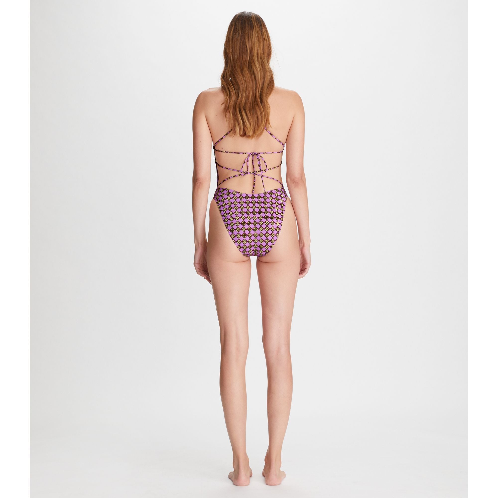 Women Printed Tie-Back One-Piece - 3D Checkered Logo Lilac