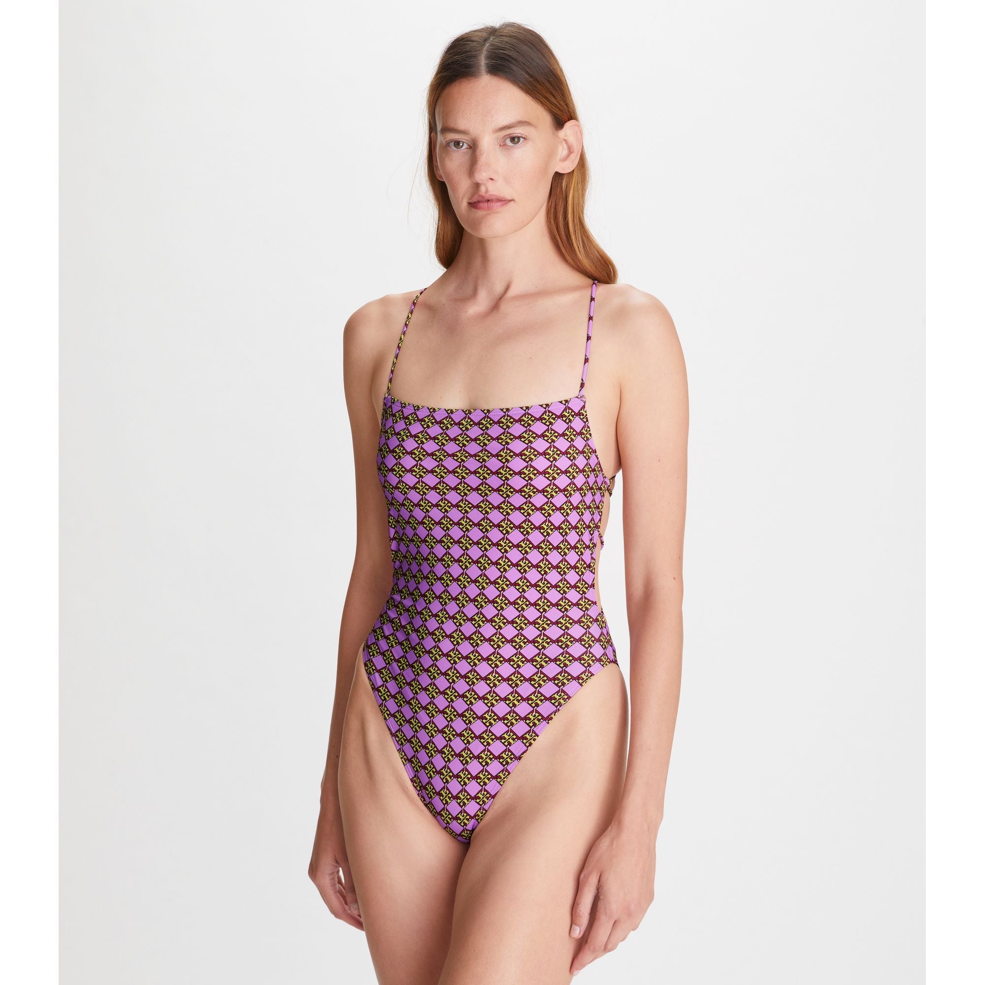 Women Printed Tie-Back One-Piece - 3D Checkered Logo Lilac