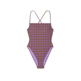 Women Printed Tie-Back One-Piece - 3D Checkered Logo Lilac