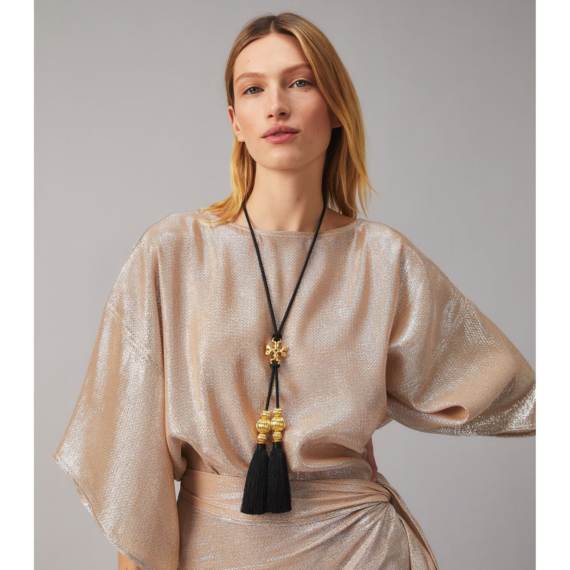 Women Roxanne Long Tassel Necklace - Rolled Brass / Black