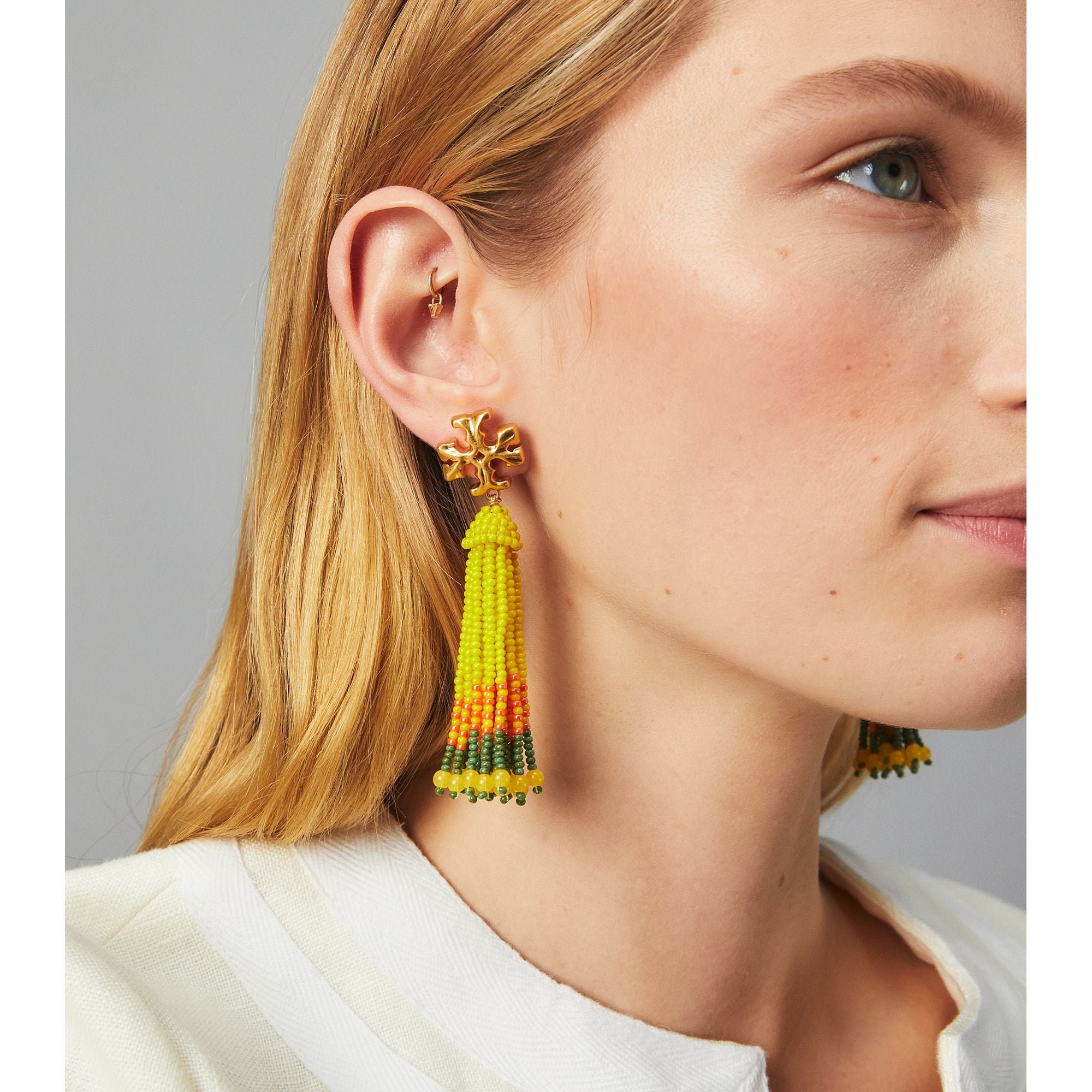 Women Roxanne Beaded Tassel Earring - Rolled Brass / Yellow Multi