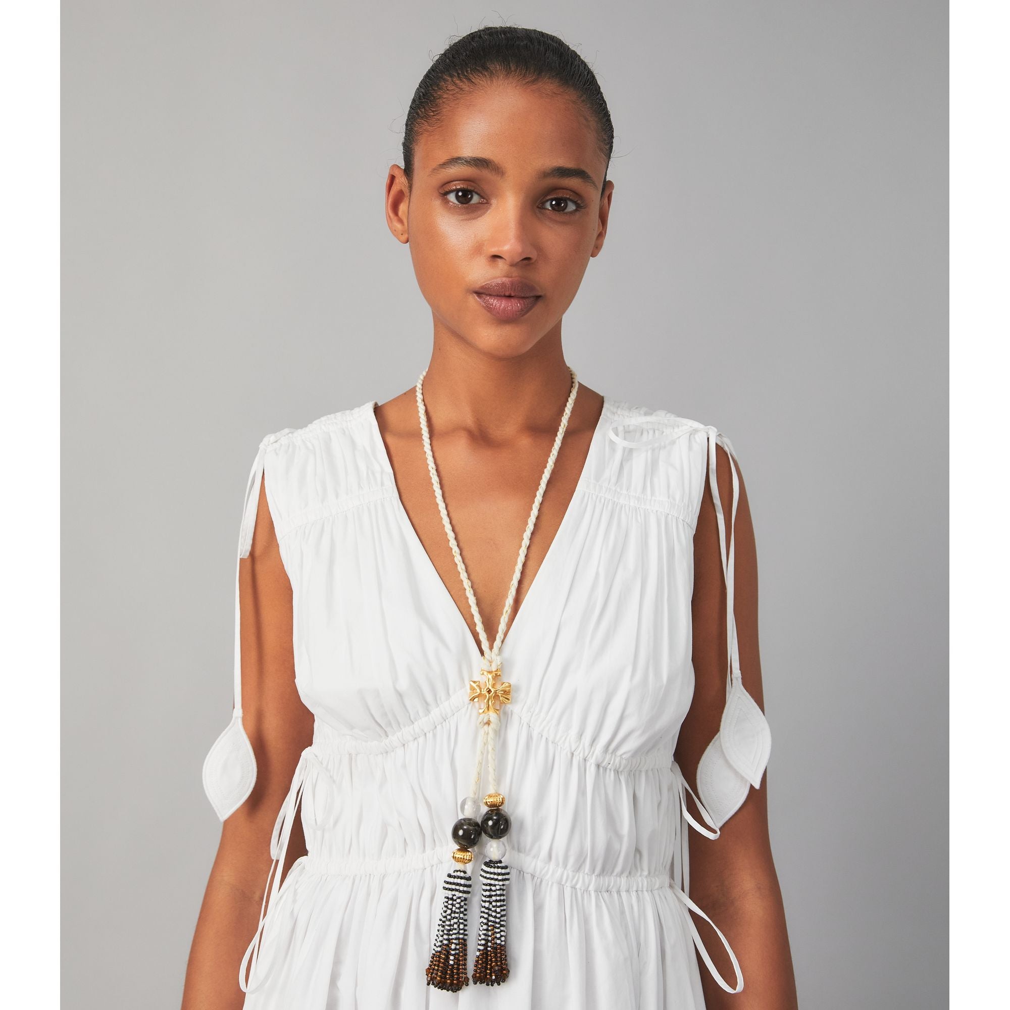 Women Roxanne Long Tassel Necklace - Rolled Brass / Neutral Multi