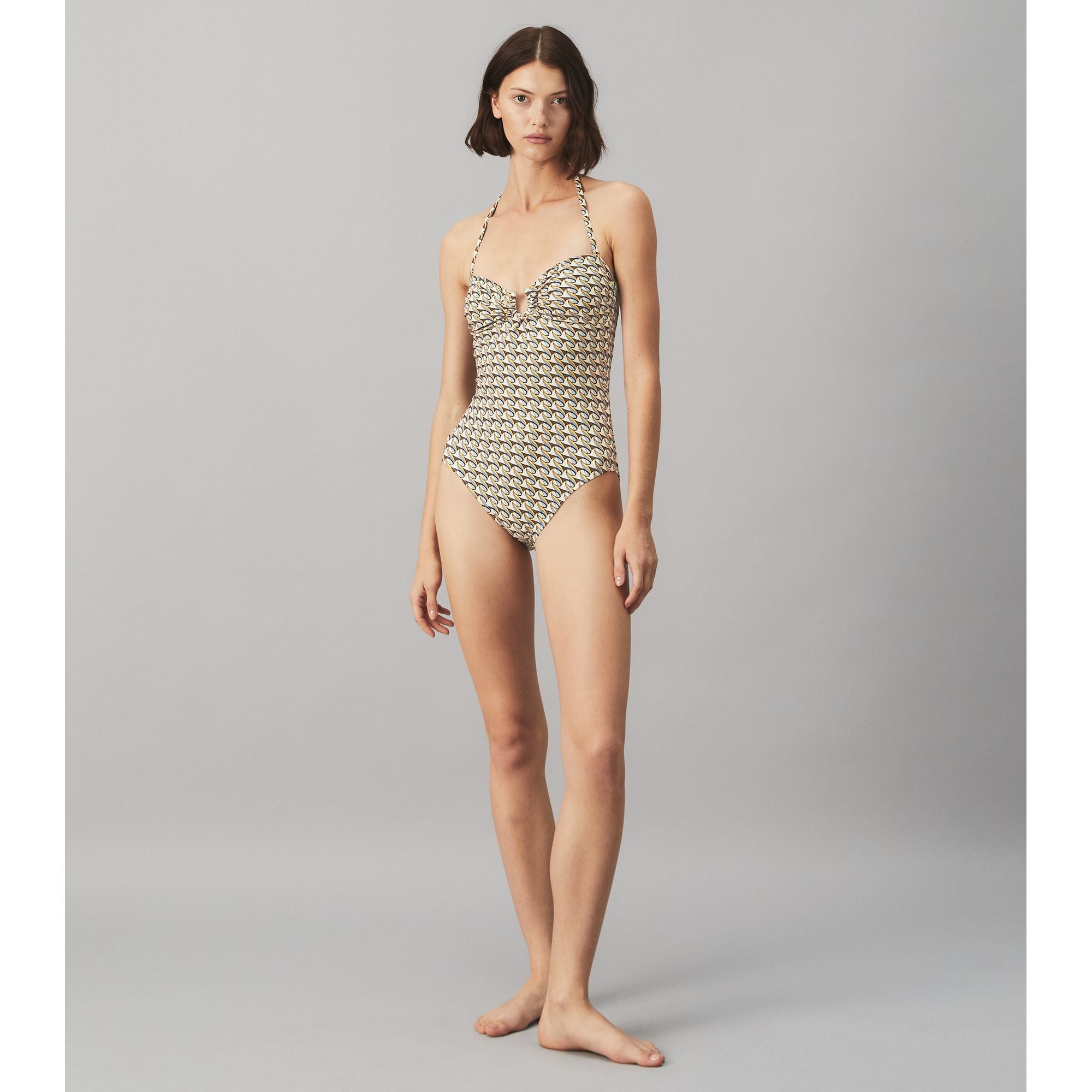 Women Printed Bandeau One-Piece - French Cream Ribbon Wave