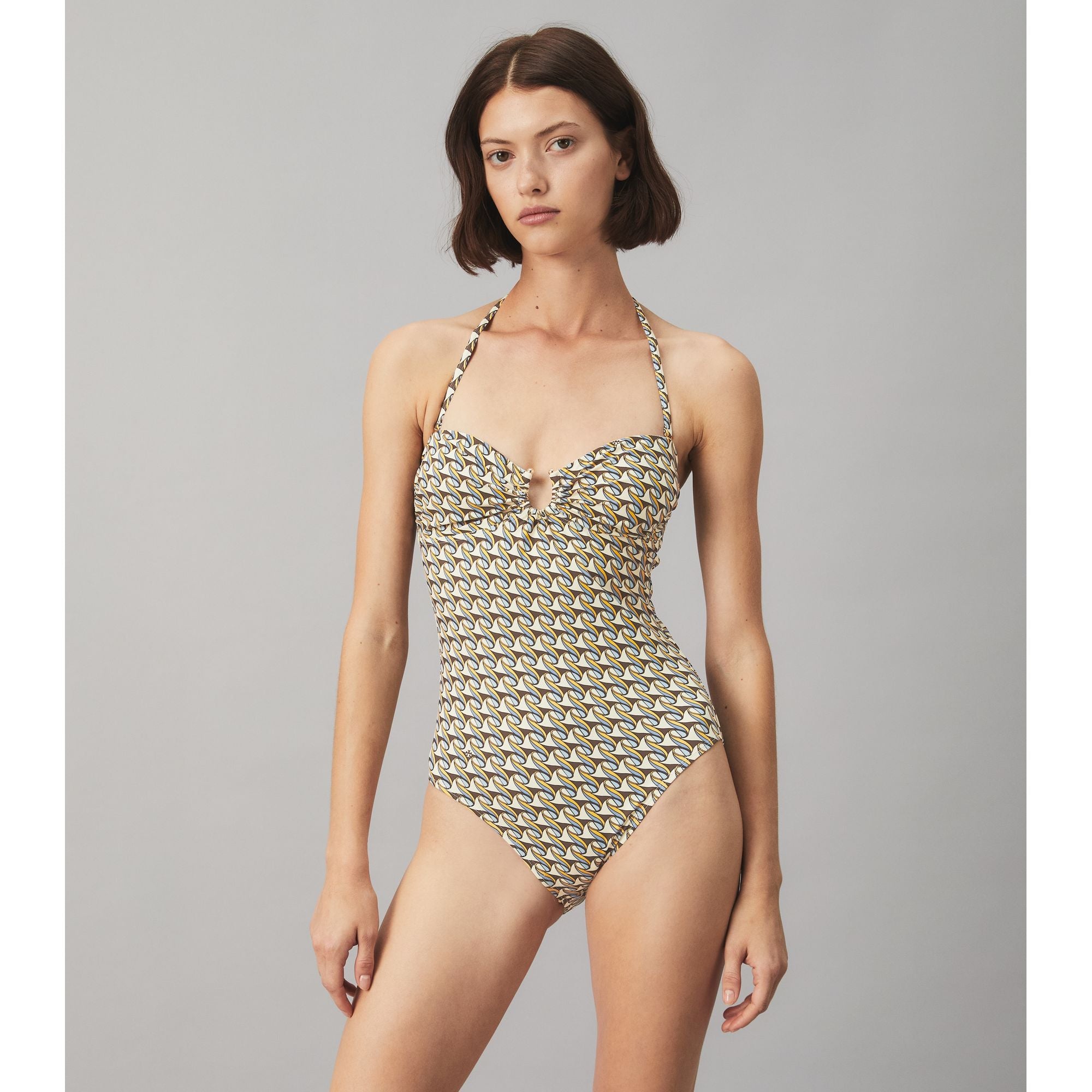 Women Printed Bandeau One-Piece - French Cream Ribbon Wave