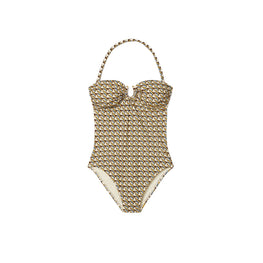 Women Printed Bandeau One-Piece - French Cream Ribbon Wave