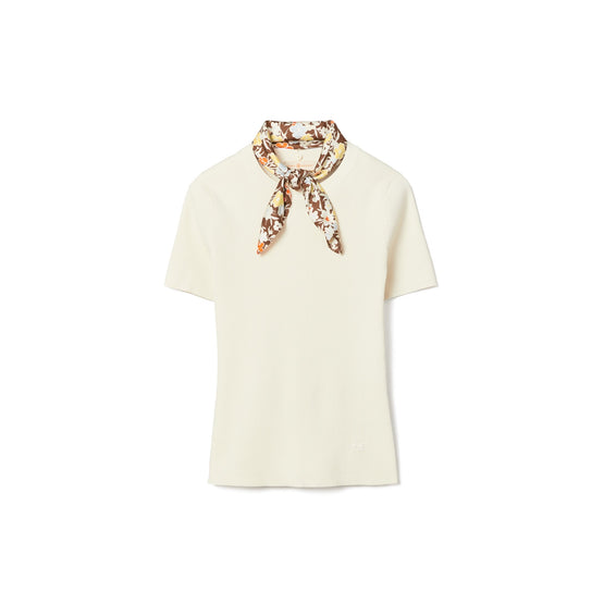 Women Short Sleeve Sweater With Scarf - Classic Ivory