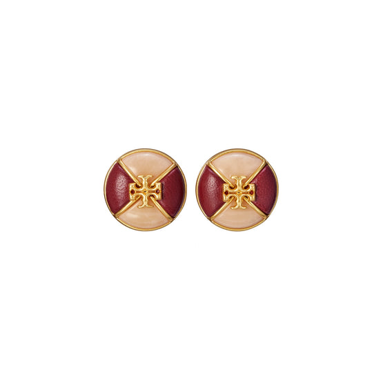 Women Kira Button Stud Earring - Rolled Brass / Burgundy / Ivory
