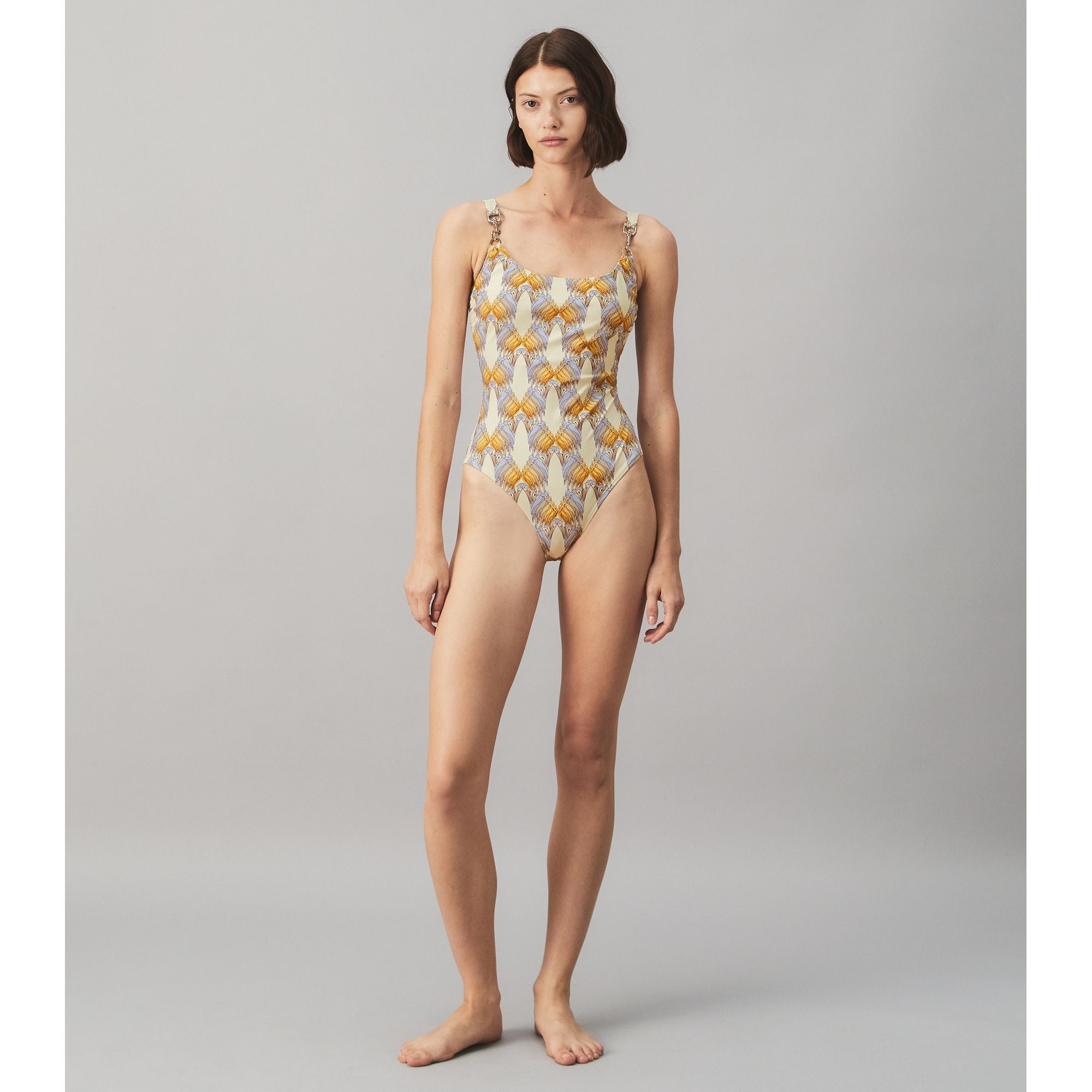 Women Printed Clip Tank Suit - Sand Deco Crane Geo