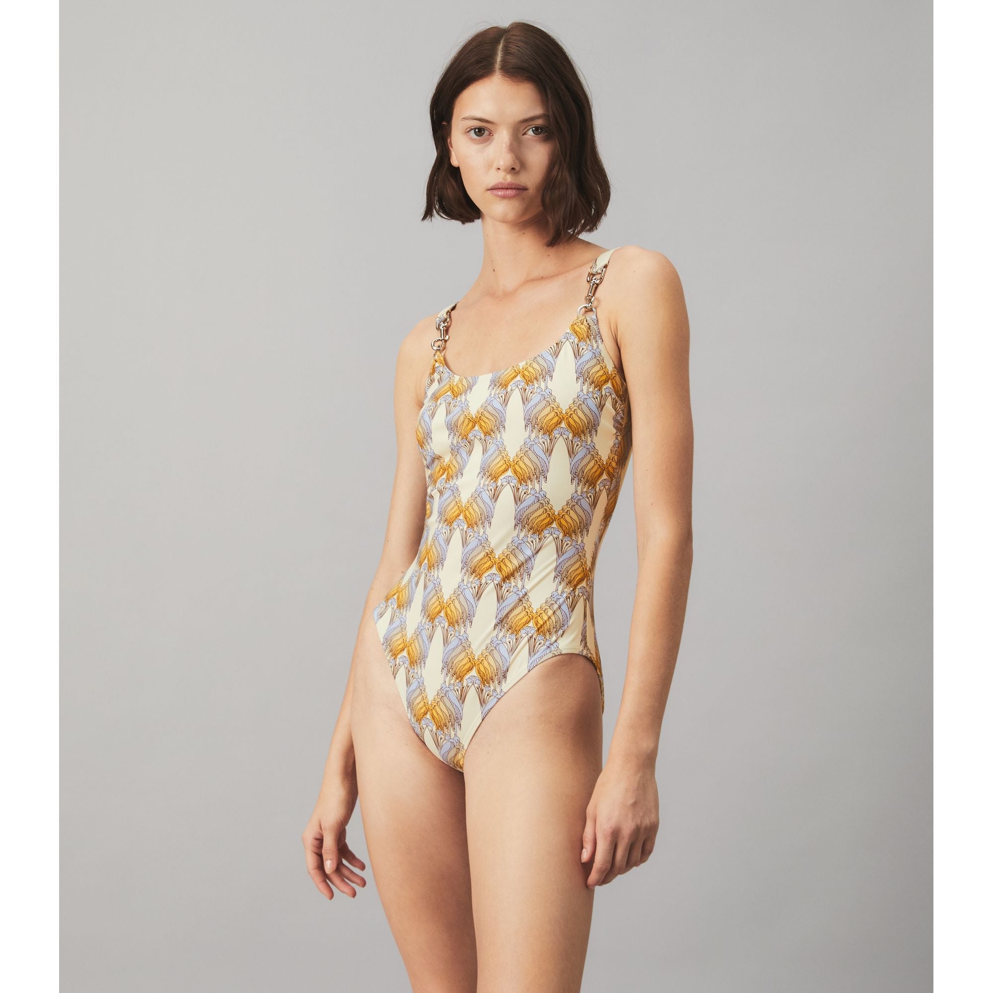 Women Printed Clip Tank Suit - Sand Deco Crane Geo