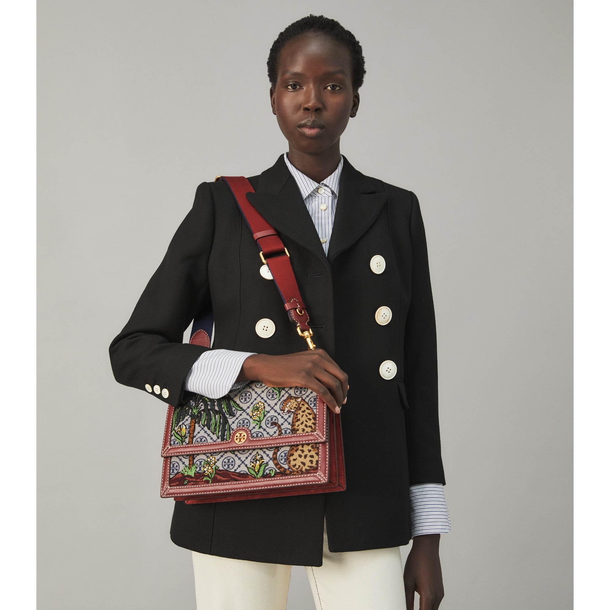 Women T Monogram Jacquard Embroidered Shoulder Bag - Tory Navy