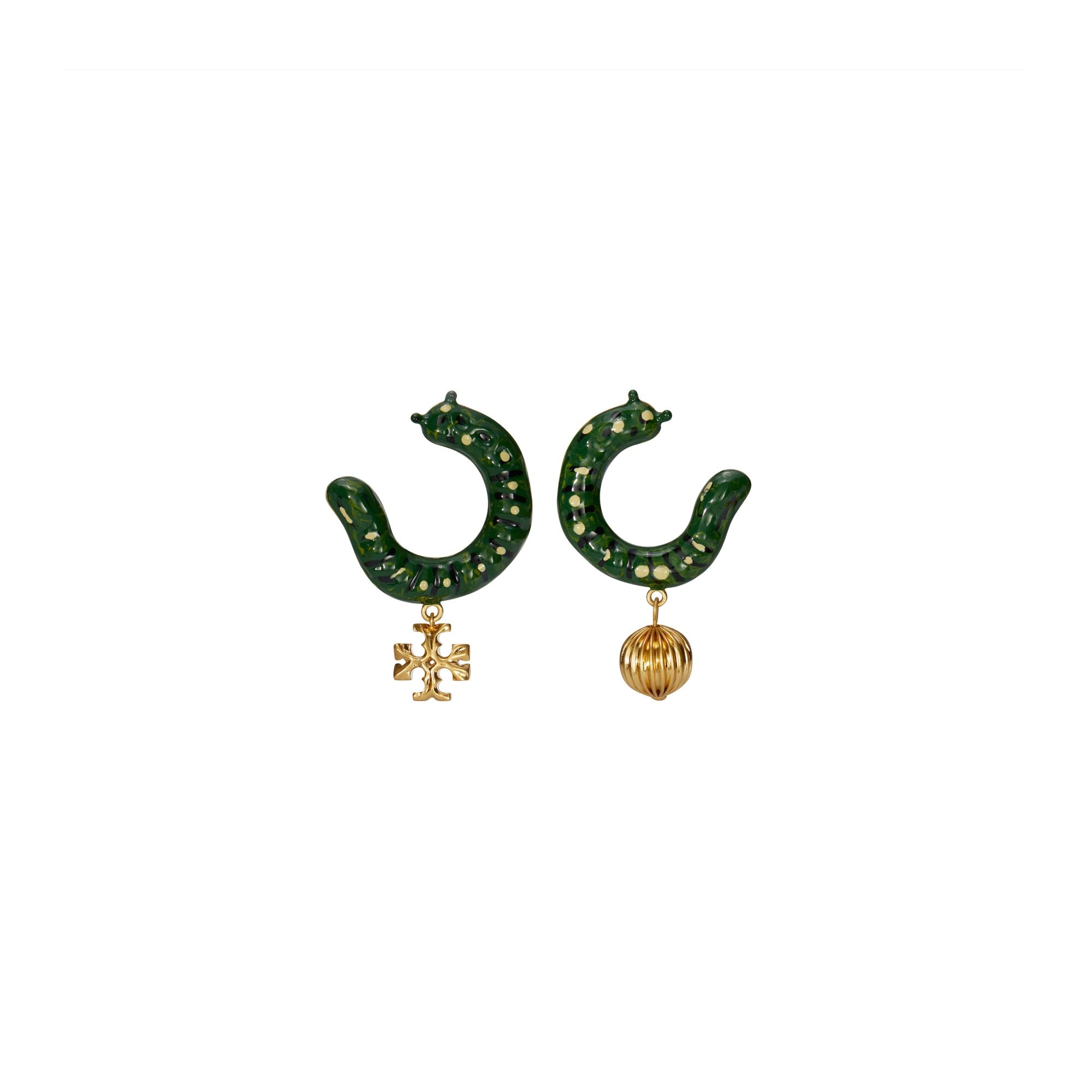 Women Caterpillar Drop Earring - Rolled Brass / Green