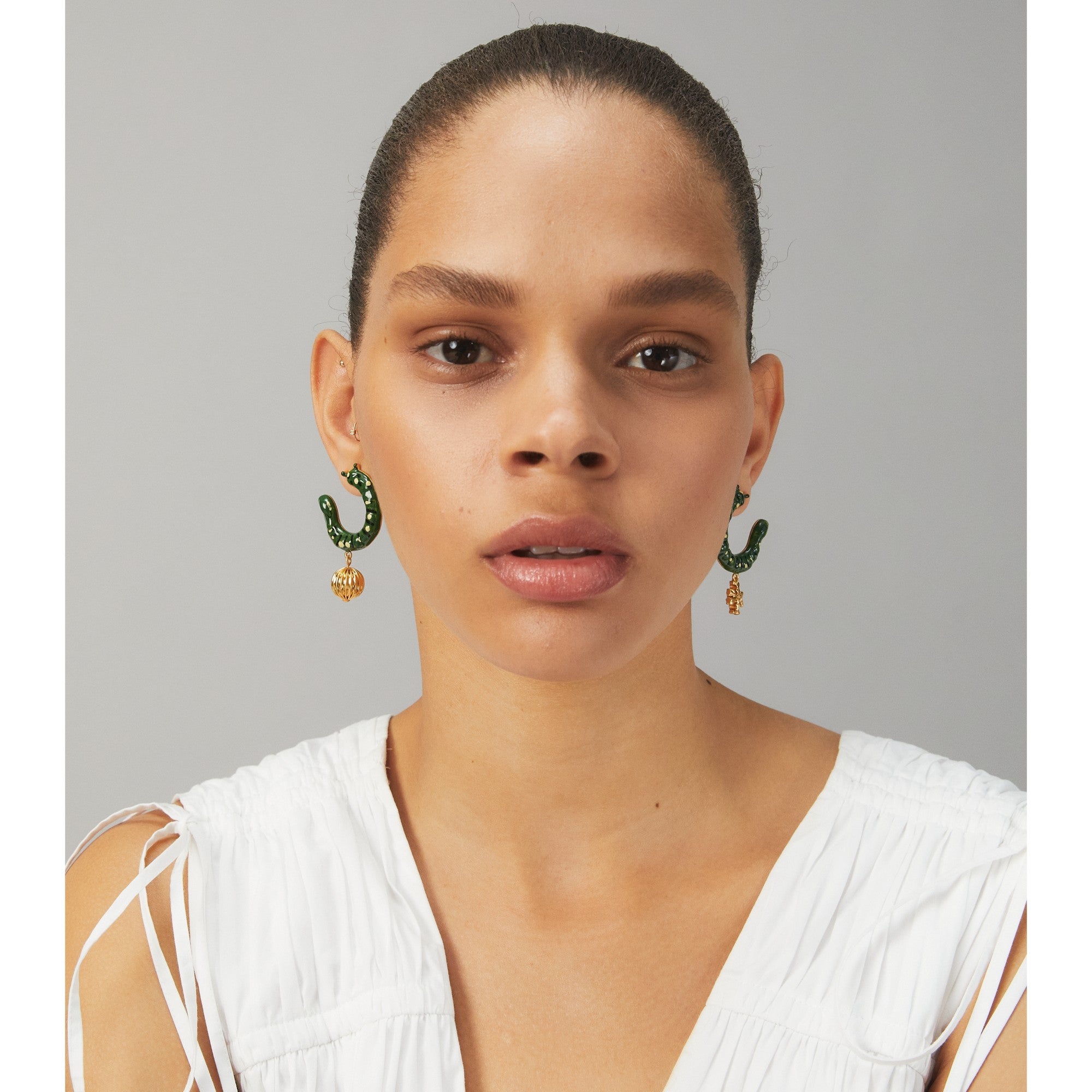 Women Caterpillar Drop Earring - Rolled Brass / Green