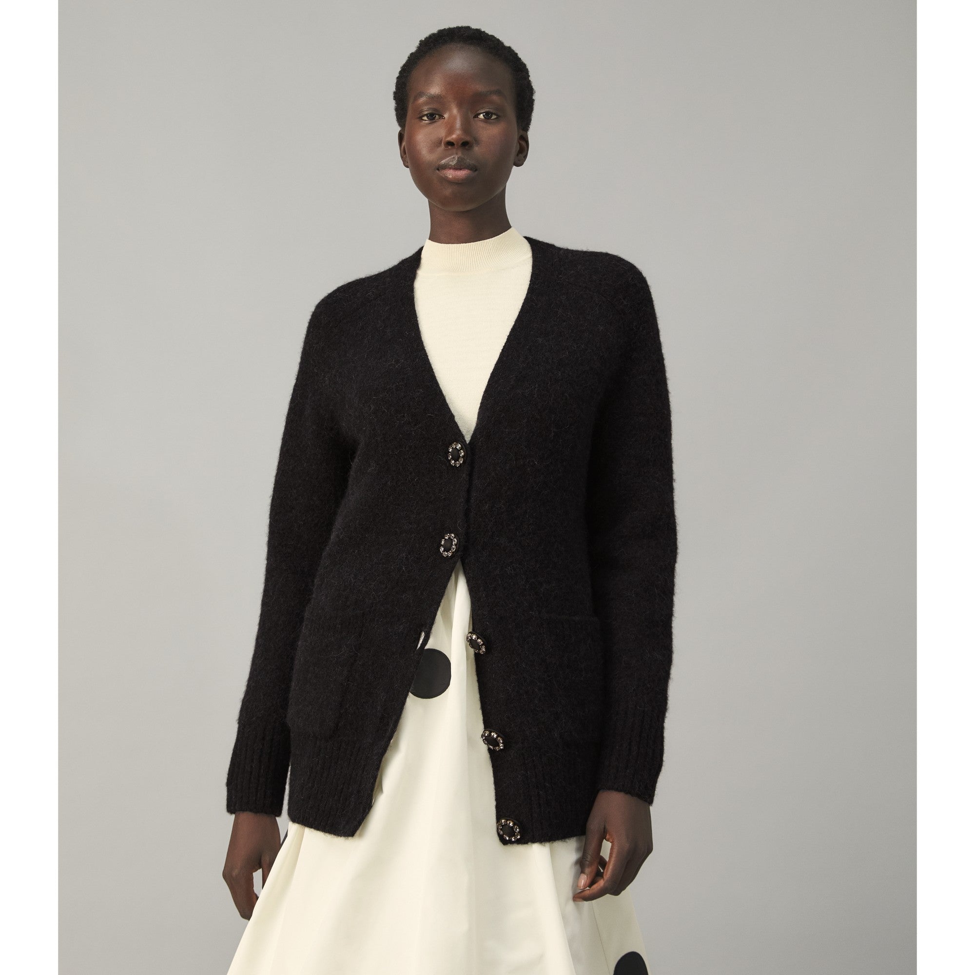 Women Jewel Button Cardigan - Black