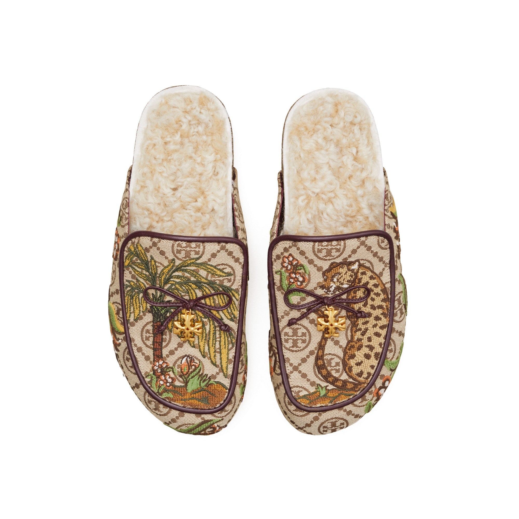 Women Tory Charm T Monogram Shearling Mule - Cheetah Needlepoint/ Buttermilk