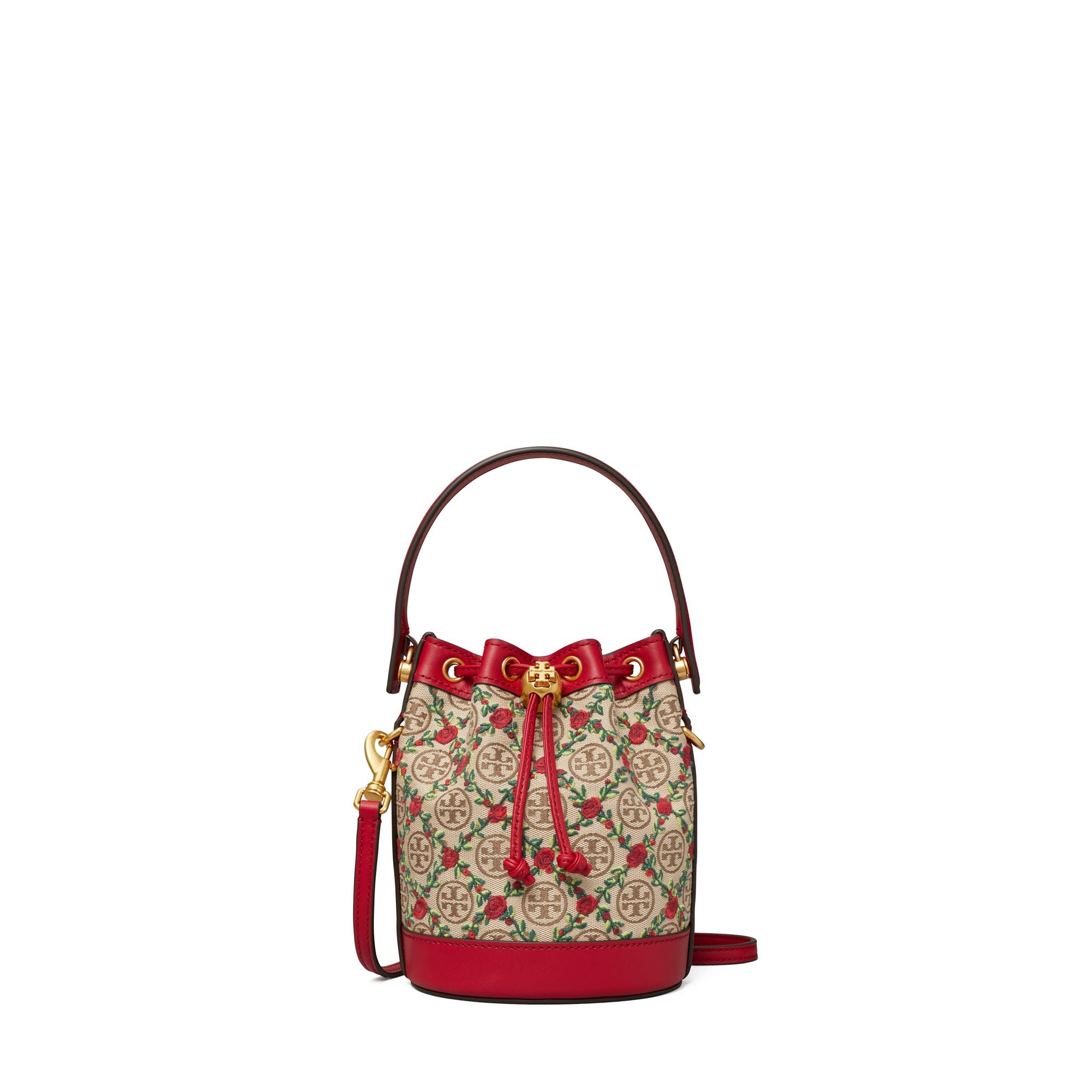 Women T Monogram Embroidered Mini Bucket Bag - Hazelnut