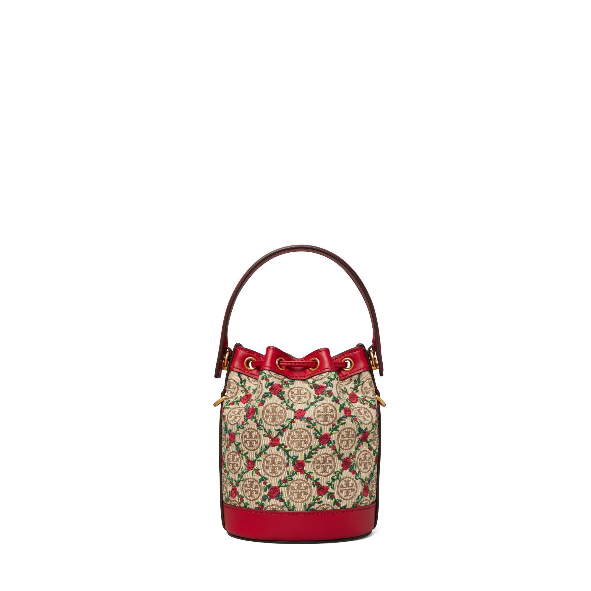 Women T Monogram Embroidered Mini Bucket Bag - Hazelnut