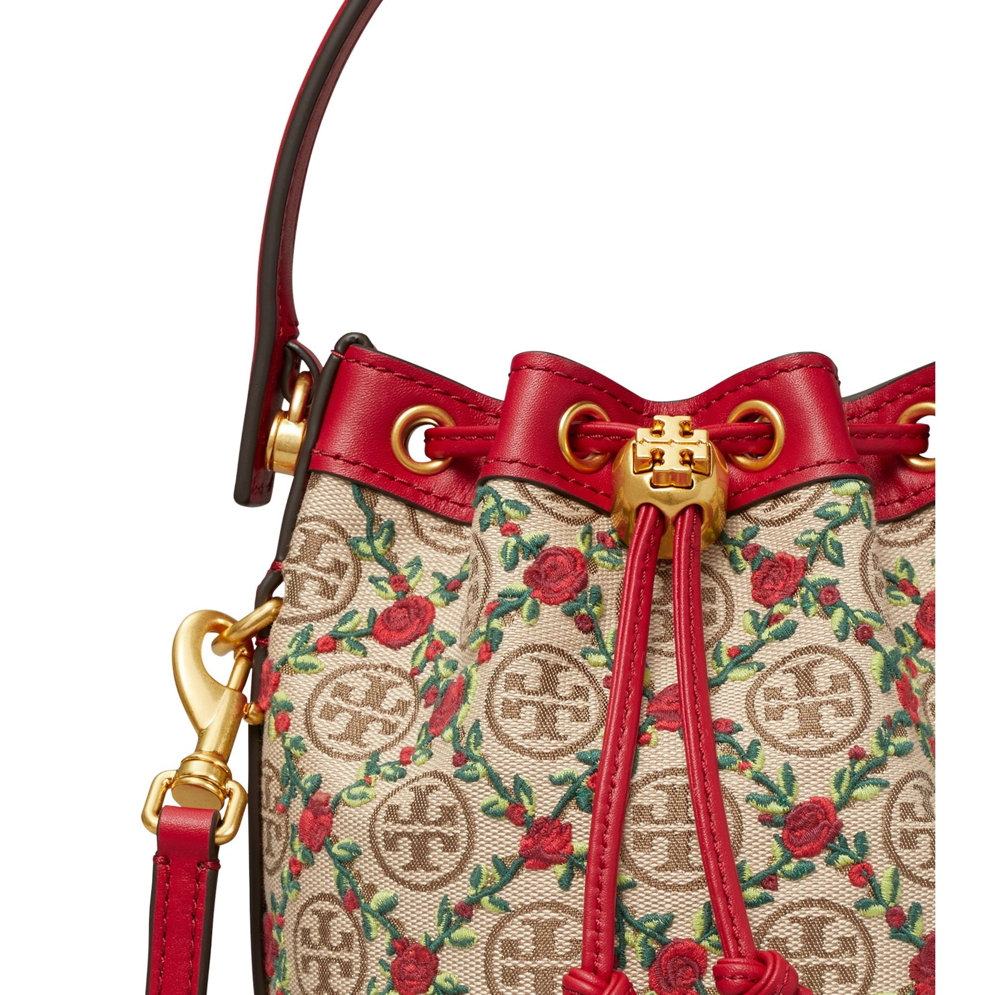 Women T Monogram Embroidered Mini Bucket Bag - Hazelnut