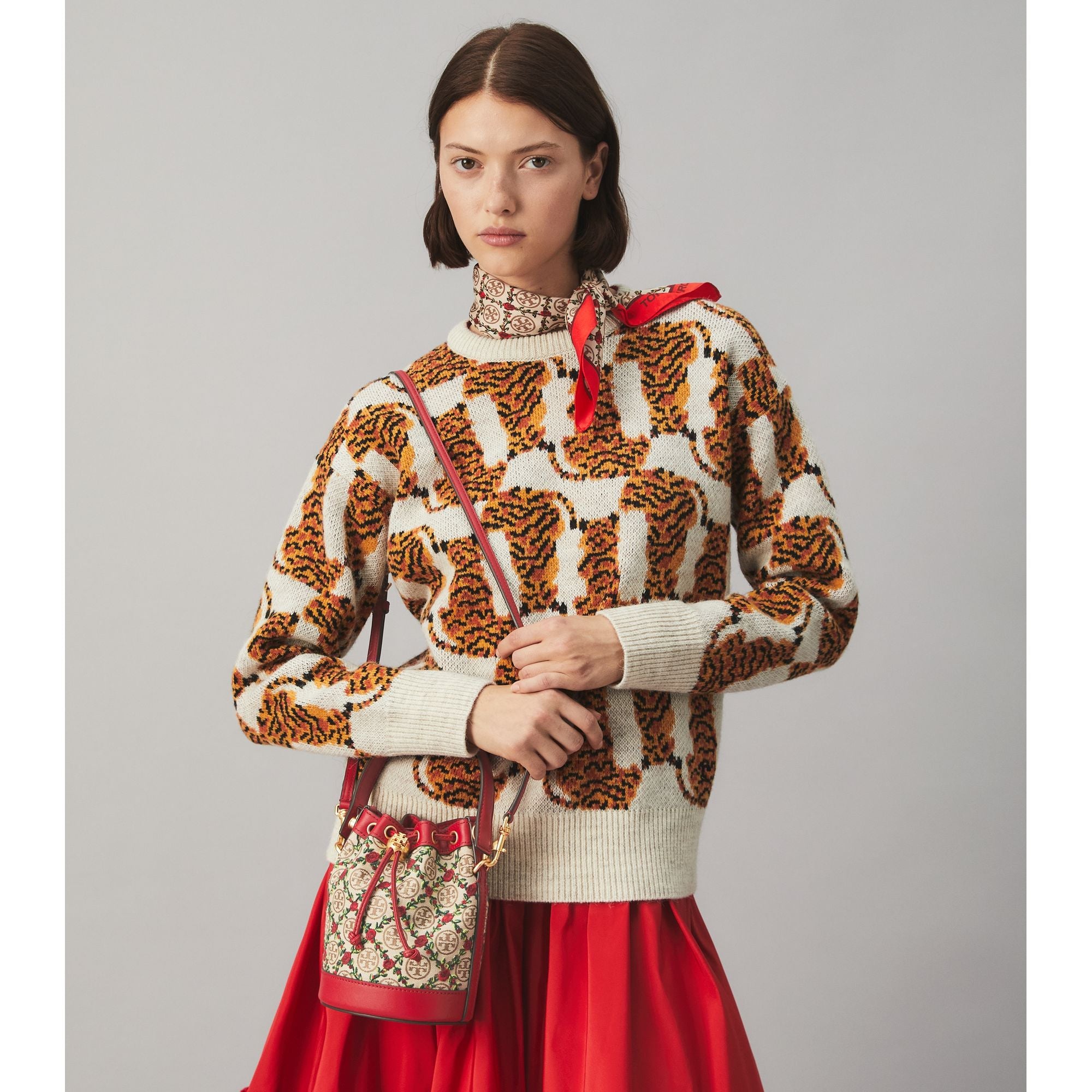 Women T Monogram Embroidered Mini Bucket Bag - Hazelnut