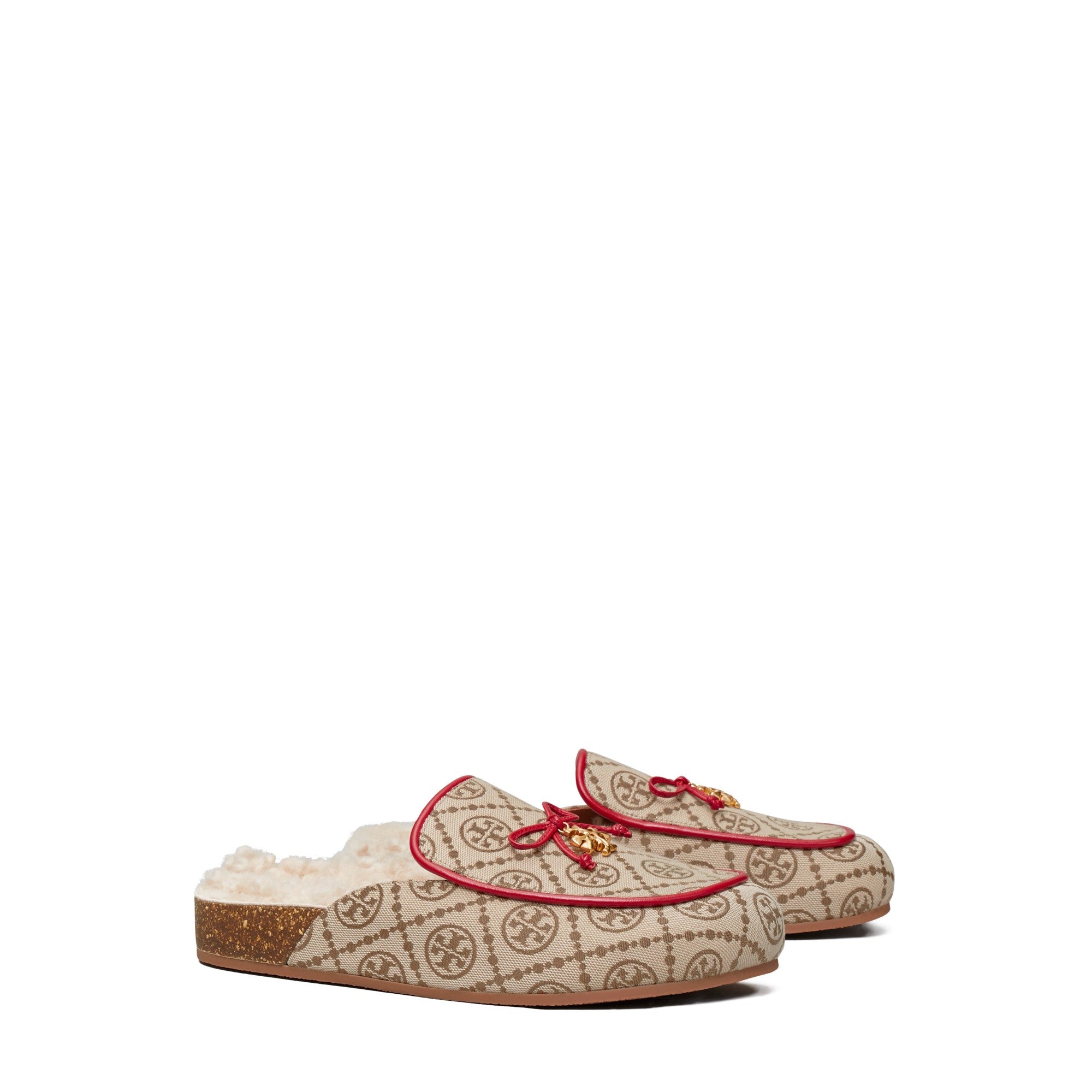 Women T Monogram Tory Charm Shearling Mule - Hazel /Tory Red / Buttermilk