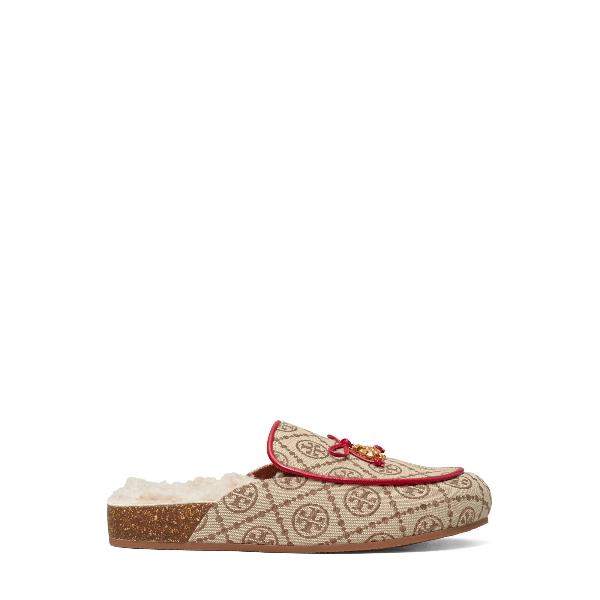 Women T Monogram Tory Charm Shearling Mule - Hazel /Tory Red / Buttermilk