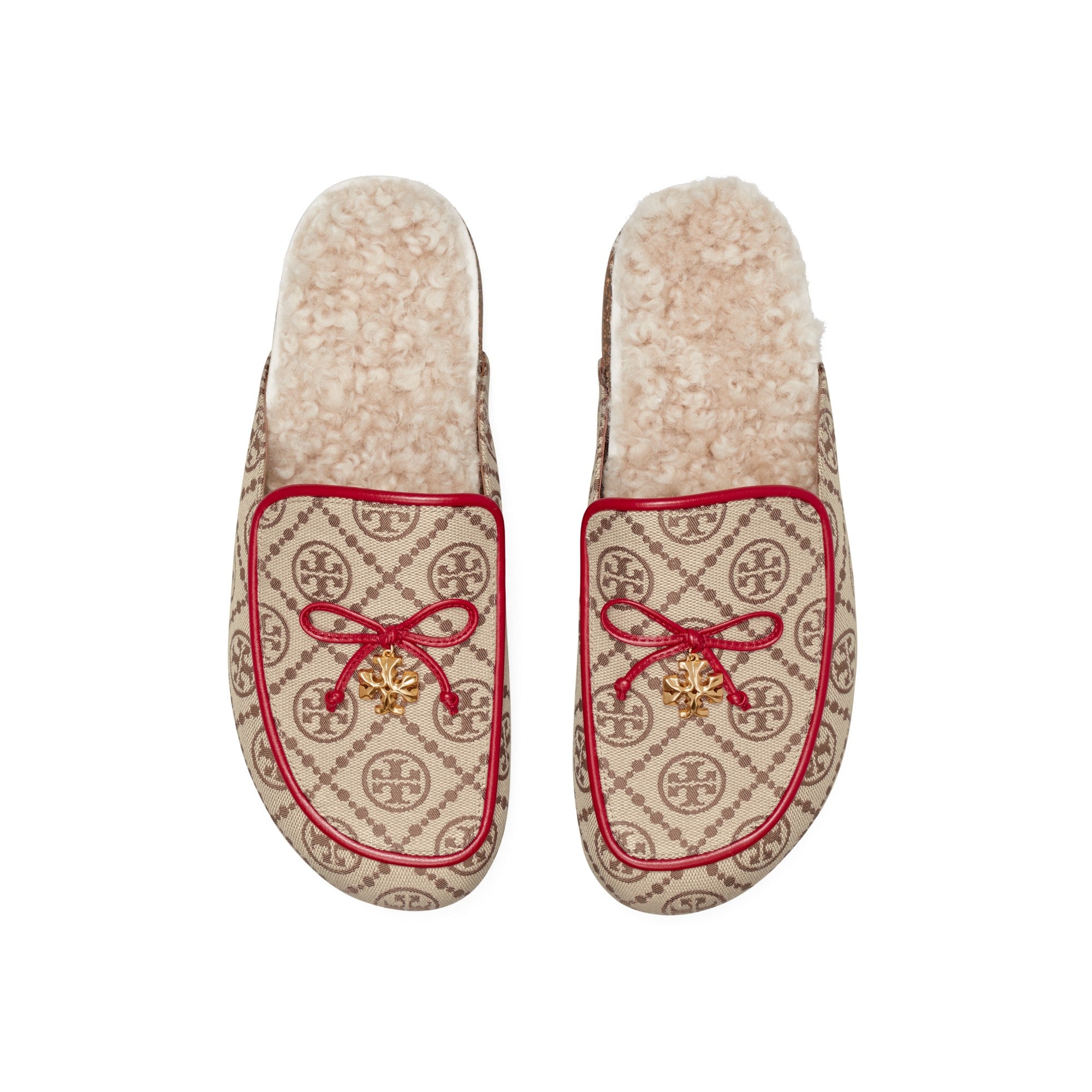 Women T Monogram Tory Charm Shearling Mule - Hazel /Tory Red / Buttermilk
