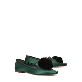 Women Pom Pom Smoking Slipper - Vintage Fern / Perfect Black
